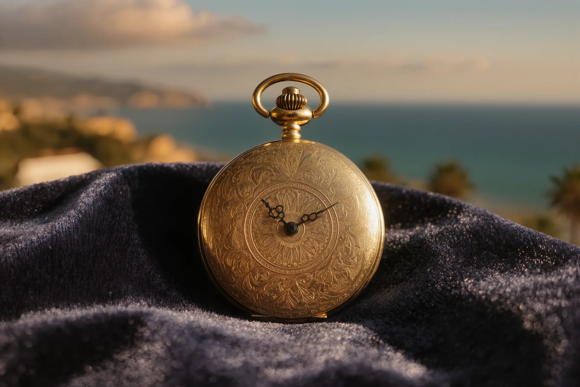 Reloj de bolsillo antiguo de oro con esfera de guilloché y manecillas huecas, fotografiado sobre terciopelo oscuro