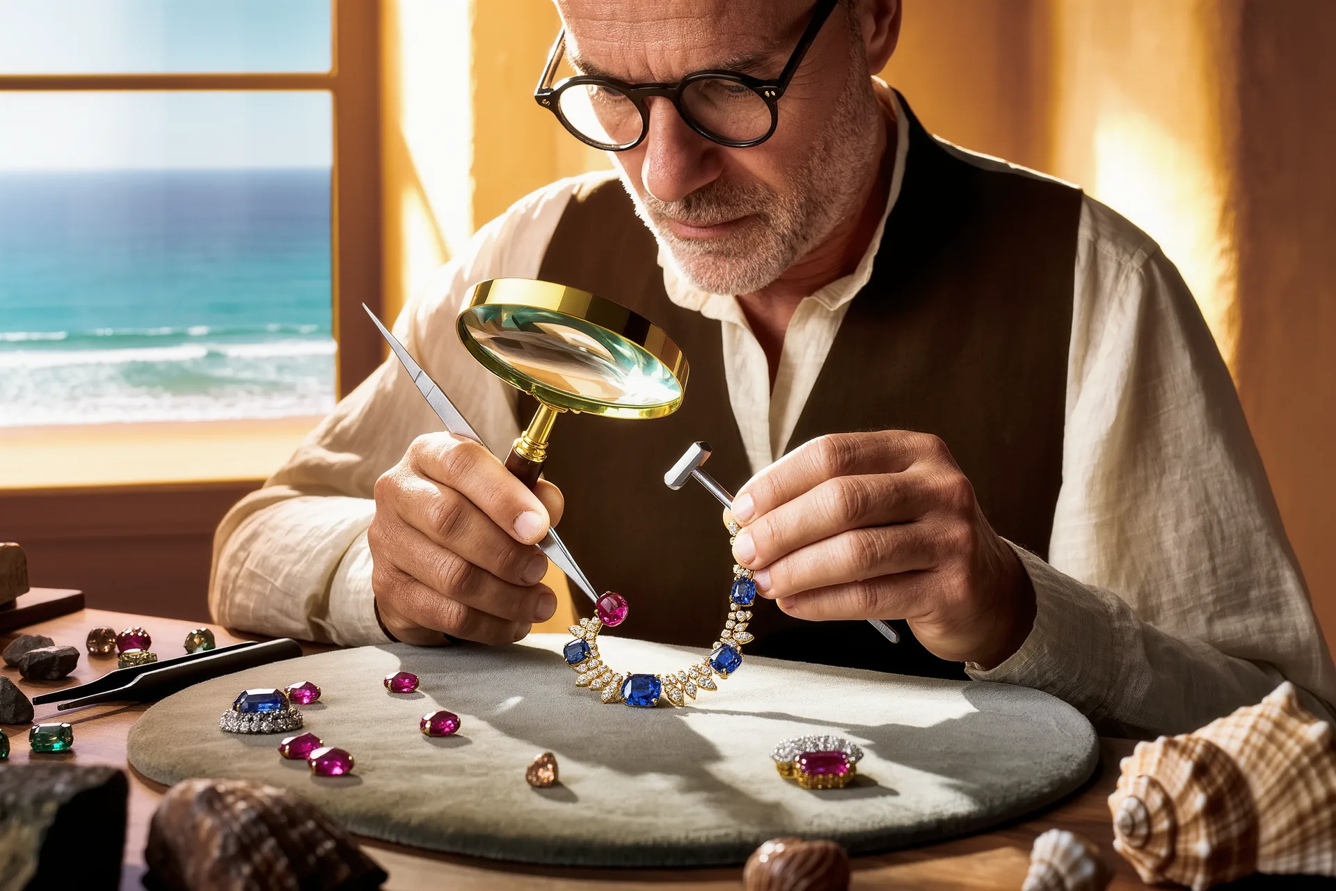 Manos de un joyero engastando piedras preciosas sobre una pieza de alta joyería en un taller iluminado con lupa y herramientas de precisión