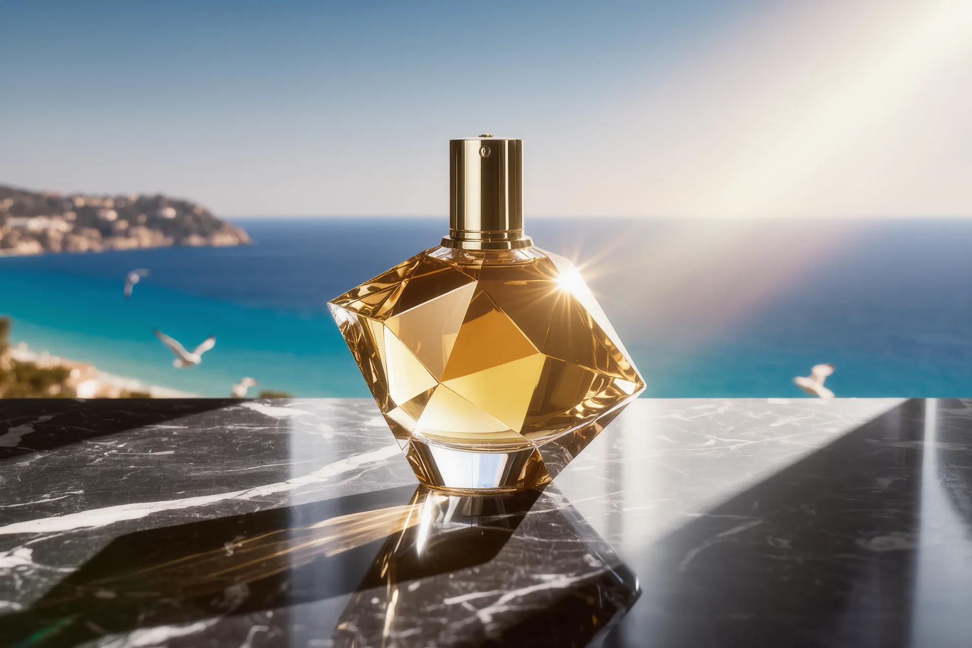 Frascos de perfume de autor sobre una superficie de mármol oscuro, con luz cálida y lateral que resalta el cristal tallado