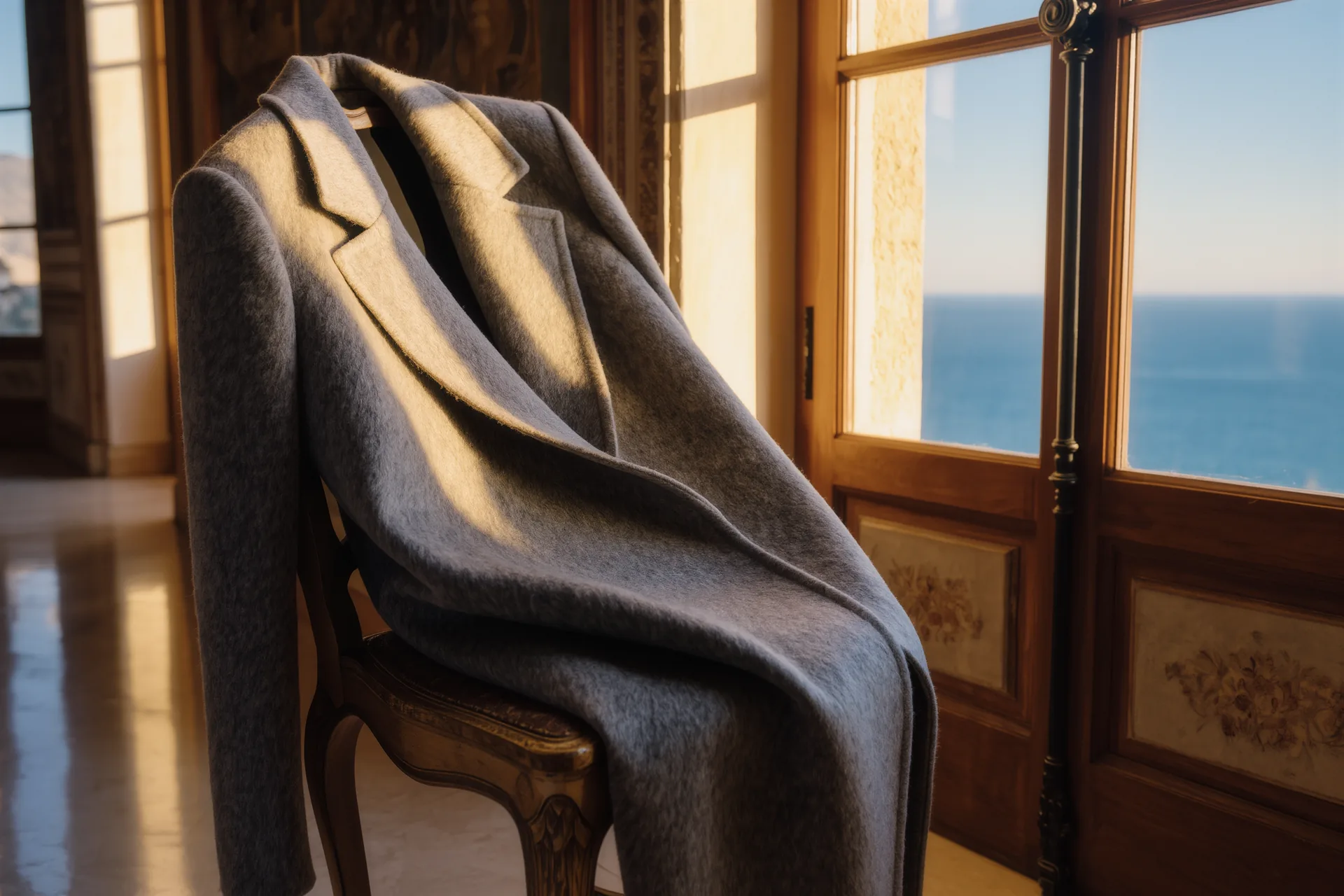 Detalle de un abrigo de cachemira gris sin ningún logotipo visible, sobre una silla de madera noble junto a una ventana con luz natural