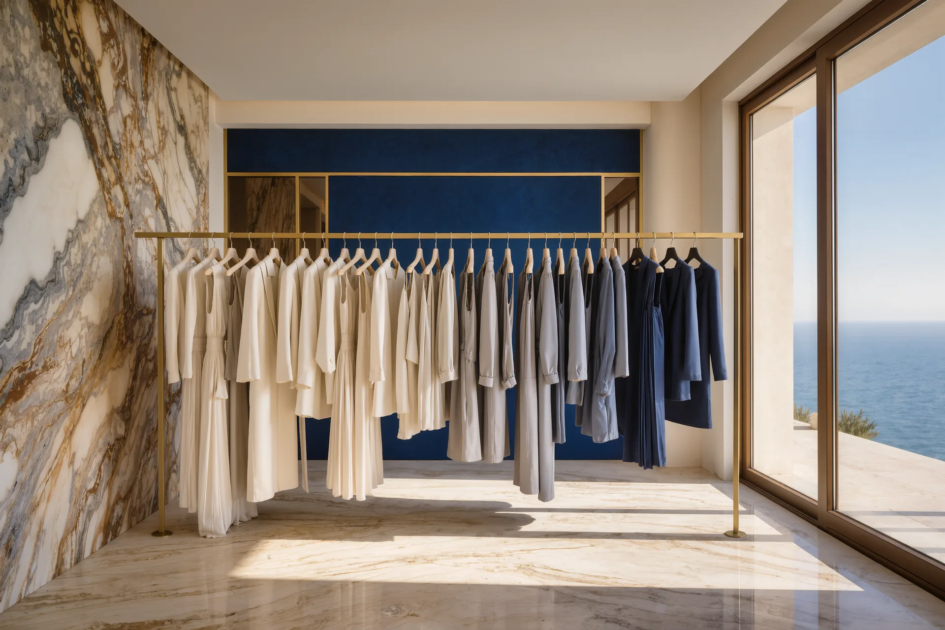 Interior de vestidor de lujo con prendas neutras colgadas en orden y luz natural entrando por una ventana