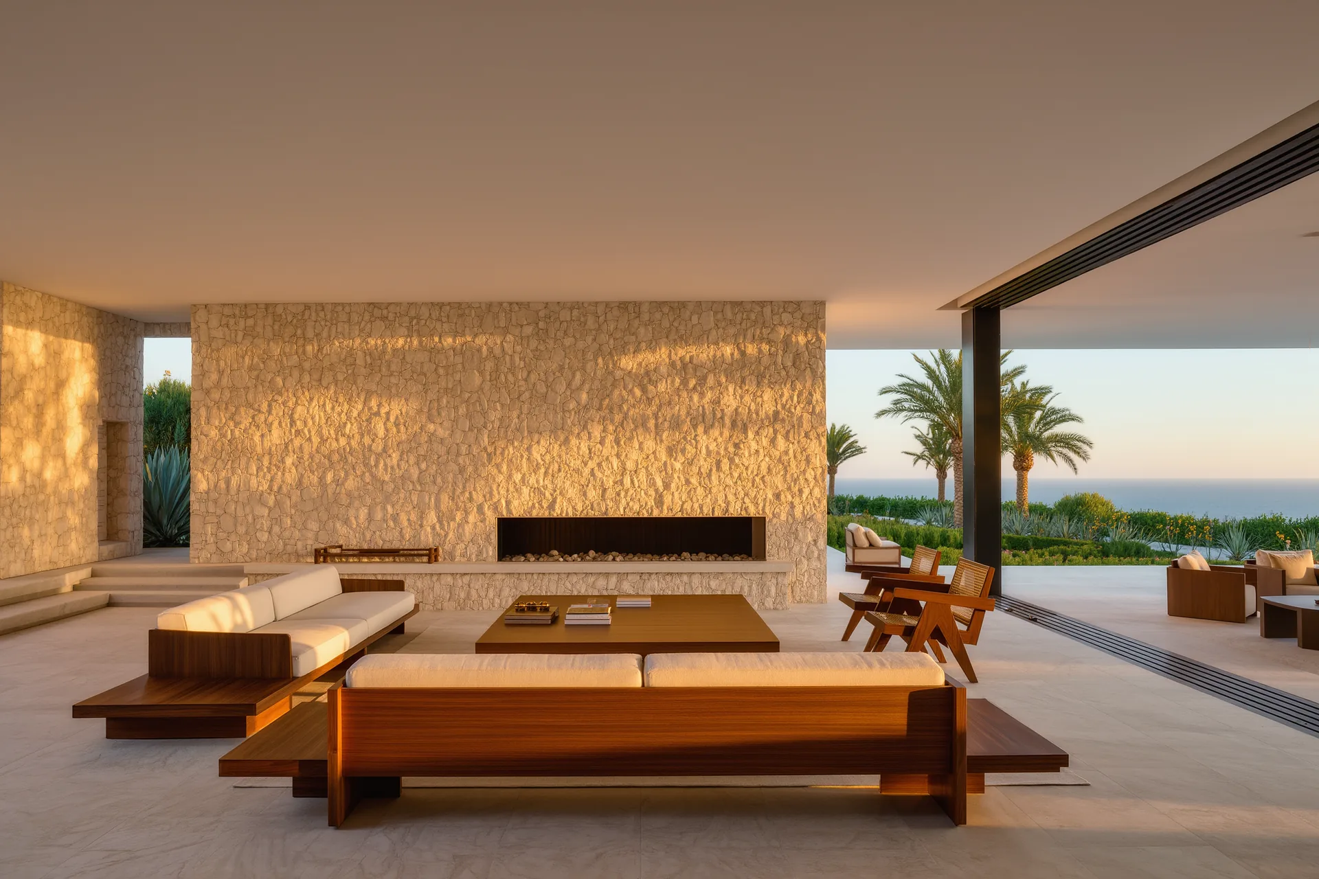 Salón minimalista bañado en luz indirecta con muros de piedra clara, mobiliario de madera noble y un gran ventanal que enmarca la vegetación exterior