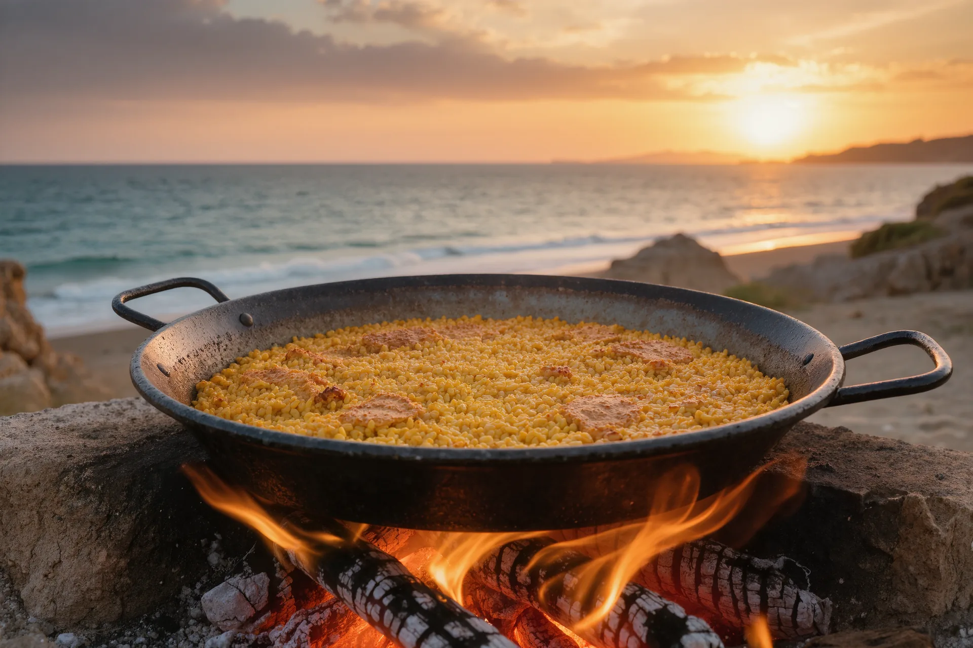 Paellera de hierro colado sobre fuego de leña con arroz dorado y socarrat visible en el fondo