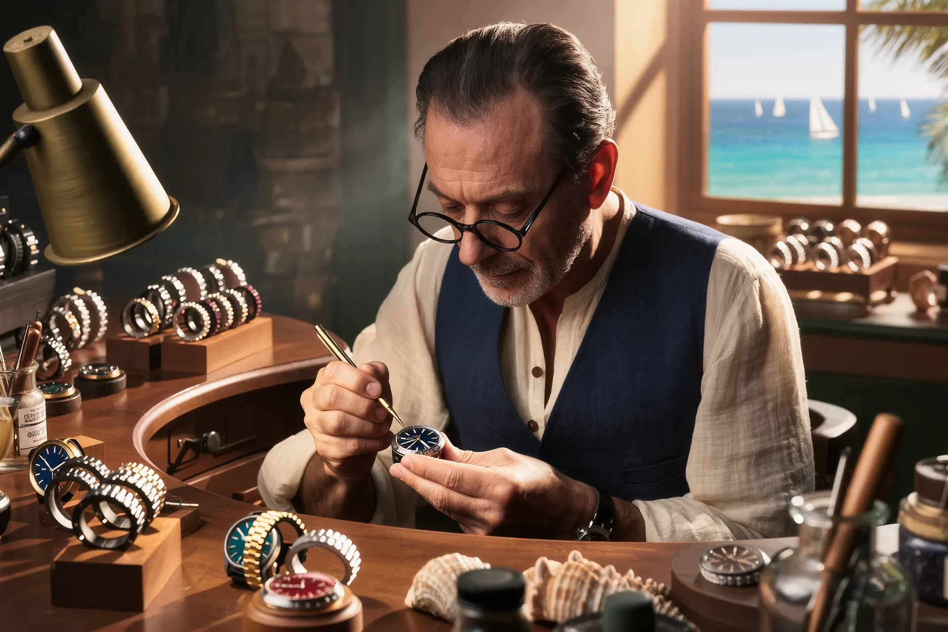 Artesano relojero aplicando esmalte con un fino pincel sobre una esfera de reloj bajo una lupa de taller