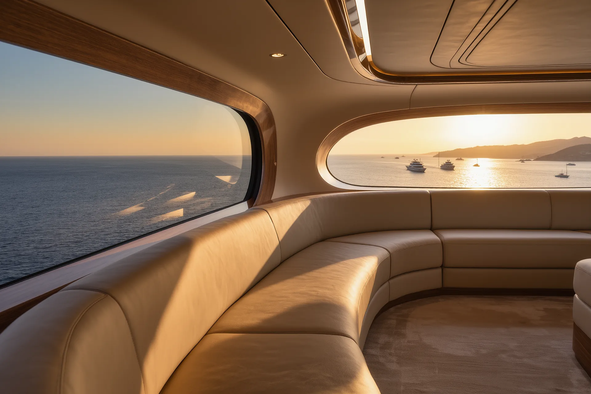 Interior de un jet privado con asientos de cuero color crema y ventanillas ovaladas iluminadas por la luz del atardecer