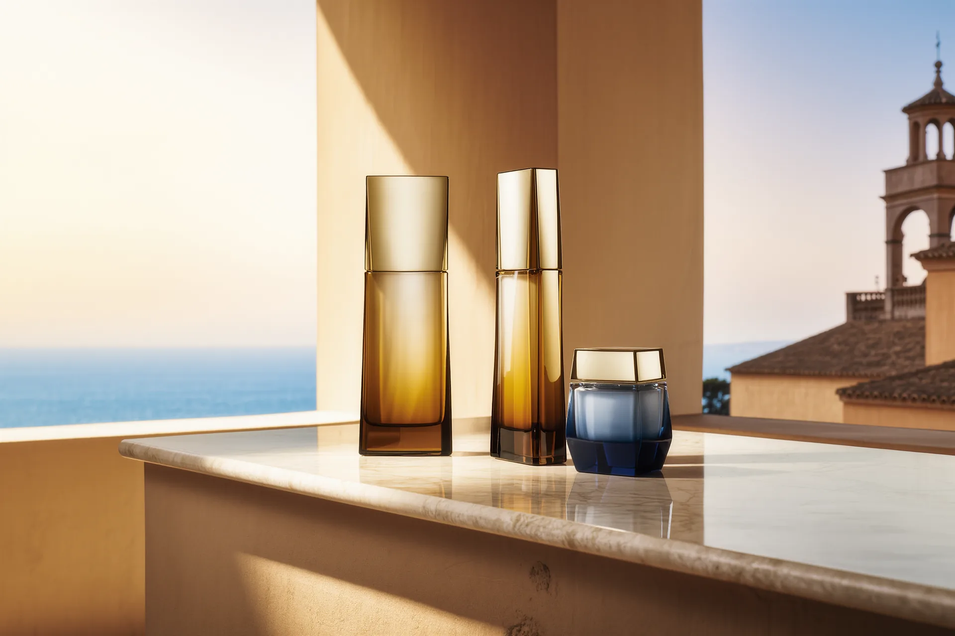 Composición minimalista de tres frascos de cosmética de líneas depuradas sobre una superficie de mármol claro, con luz natural suave