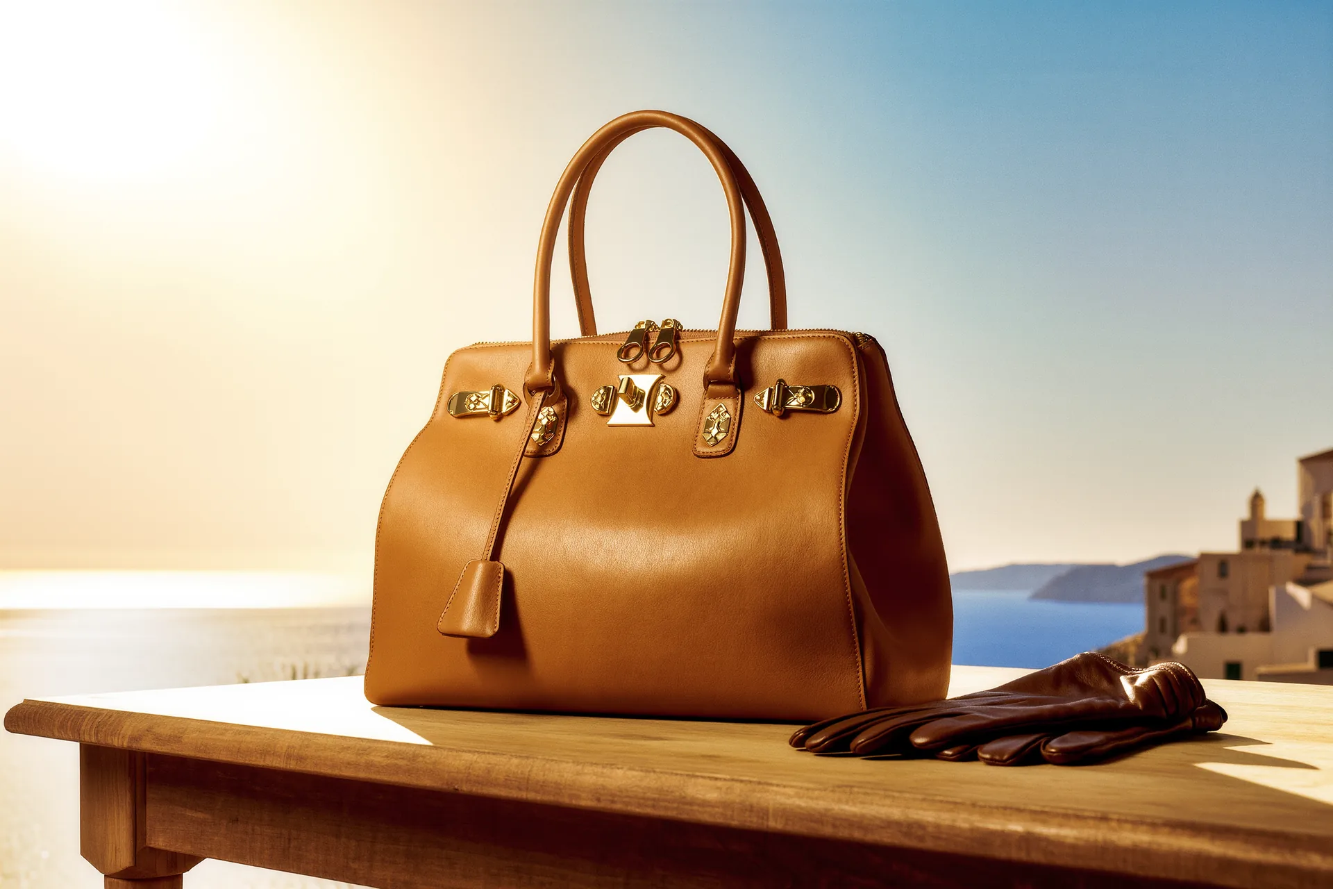 Bolso de piel color caramelo con herrajes dorados fotografiado sobre un escritorio de madera junto a guantes de cuero