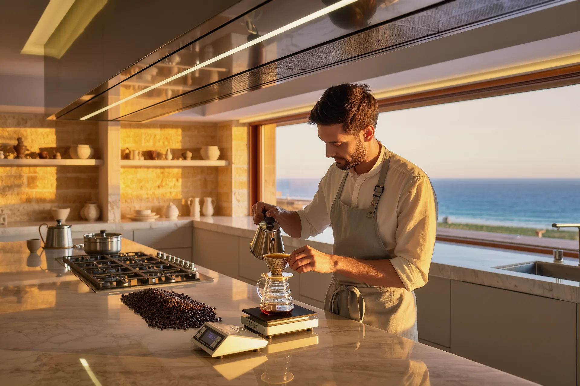 Barista vertiendo café de especialidad sobre un filtro de porcelana en una cocina luminosa, con granos recién tostados junto a una báscula de precisión