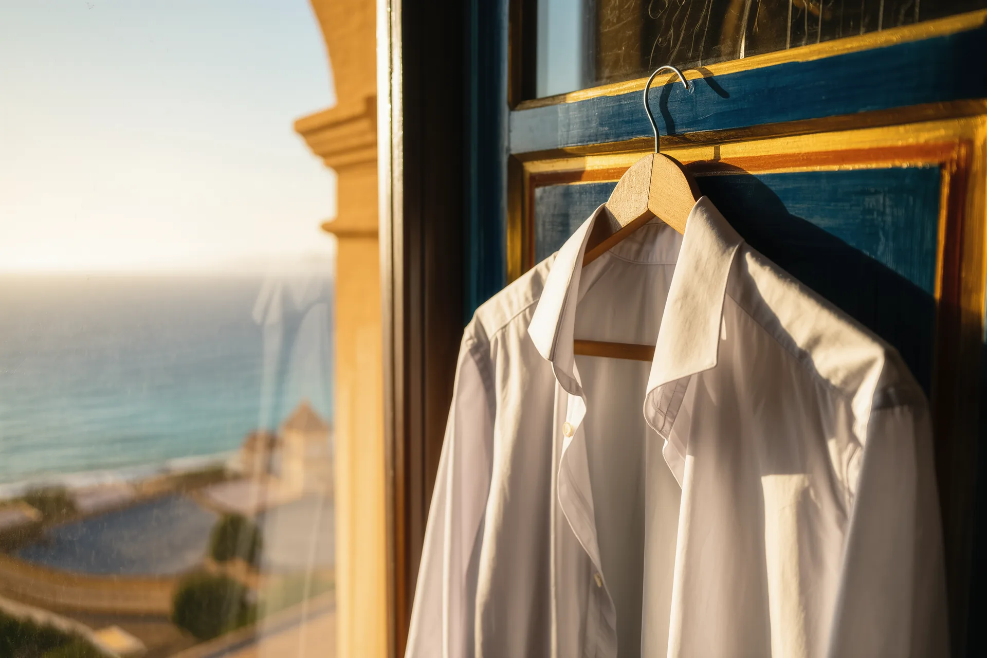 Camisa blanca de algodón perfectamente planchada colgada en una percha de madera junto a una ventana con luz natural