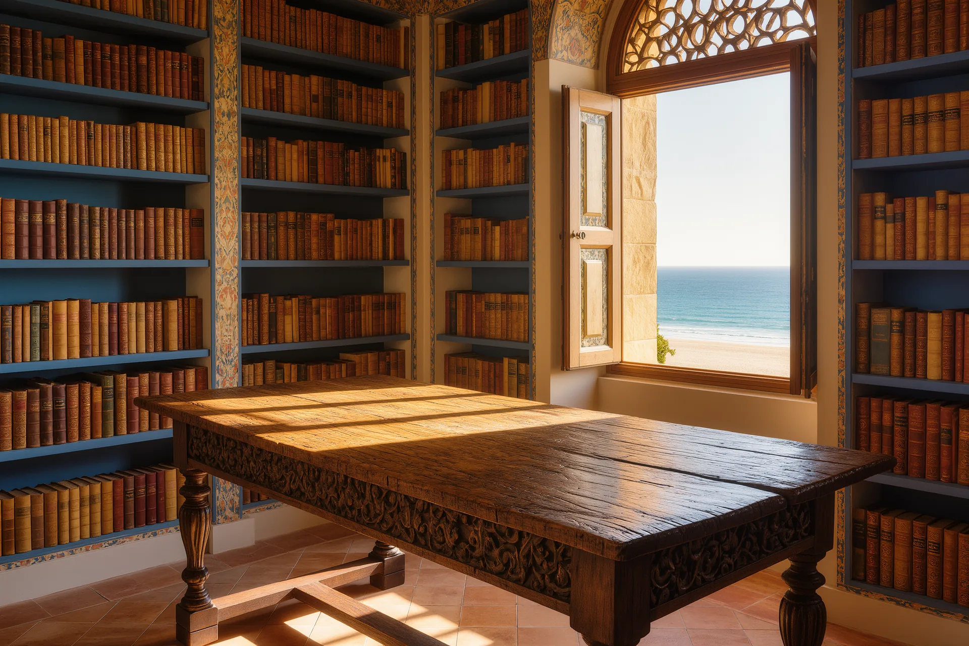 Escritorio de madera antiguo junto a una ventana con luz suave, estanterías de libros al fondo