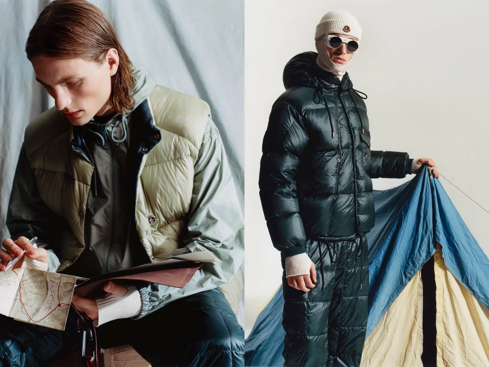 Moncler Re/Icons 2026: a la izquierda el chaleco Tibb en verde salvia sobre una chaqueta gris, a la derecha un look de hombre en negro brillante ante una tienda de campaña