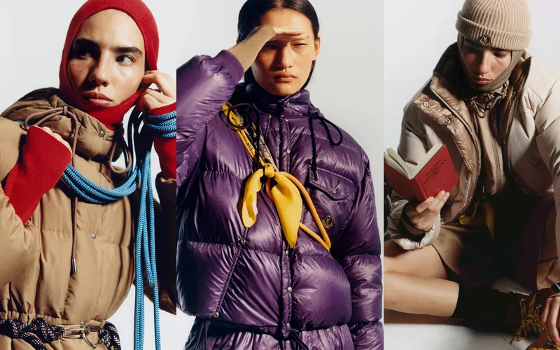 Moncler Re/Icons 2026: tres looks juntos, la Himalaya en camel con pasamontañas rojo, la Karakorum en morado con pañuelo amarillo y la Verone en beige con gorro