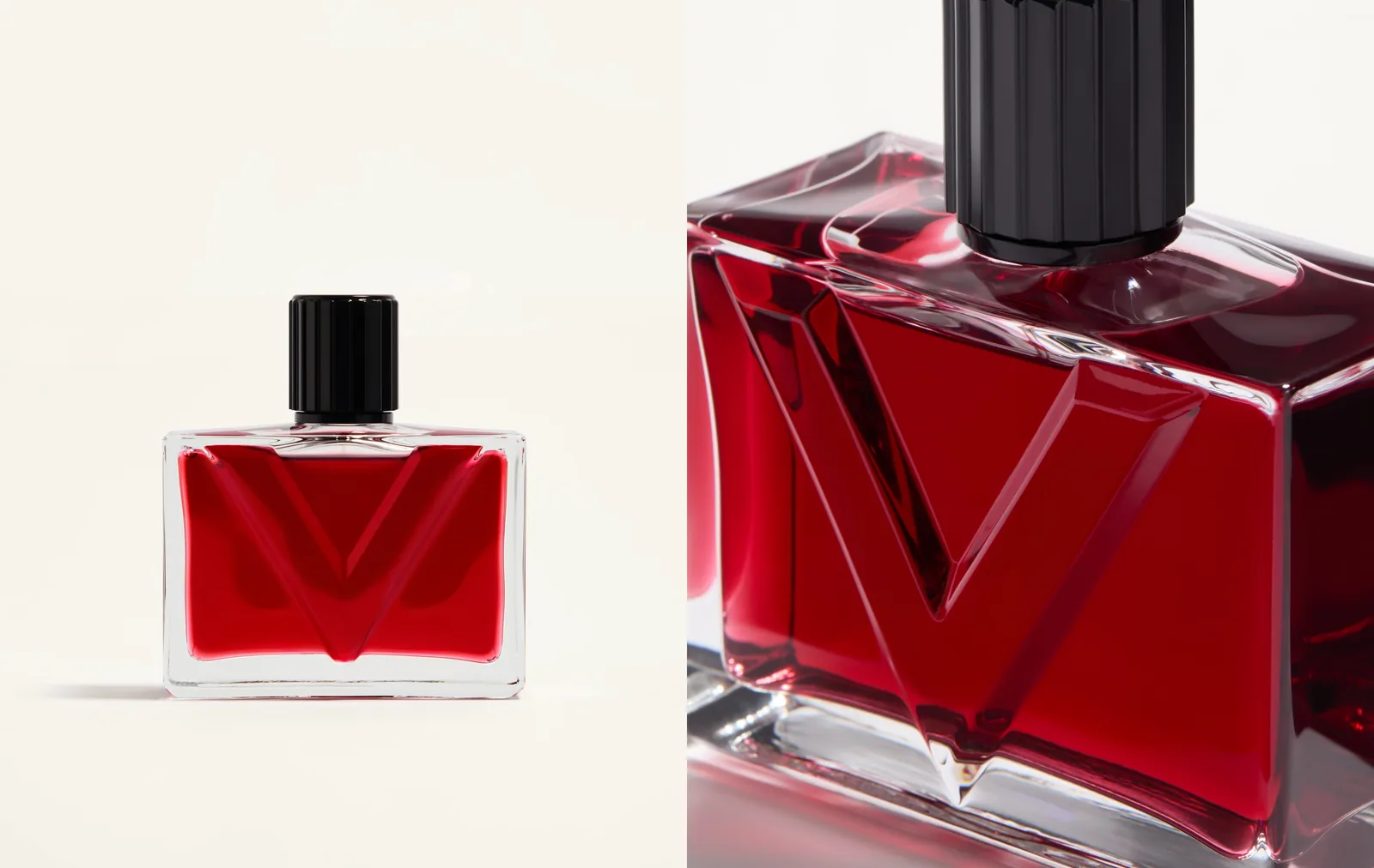 Valentino Vendetta Donna: frasco rojo intenso de frente y la V gráfica en primer plano
