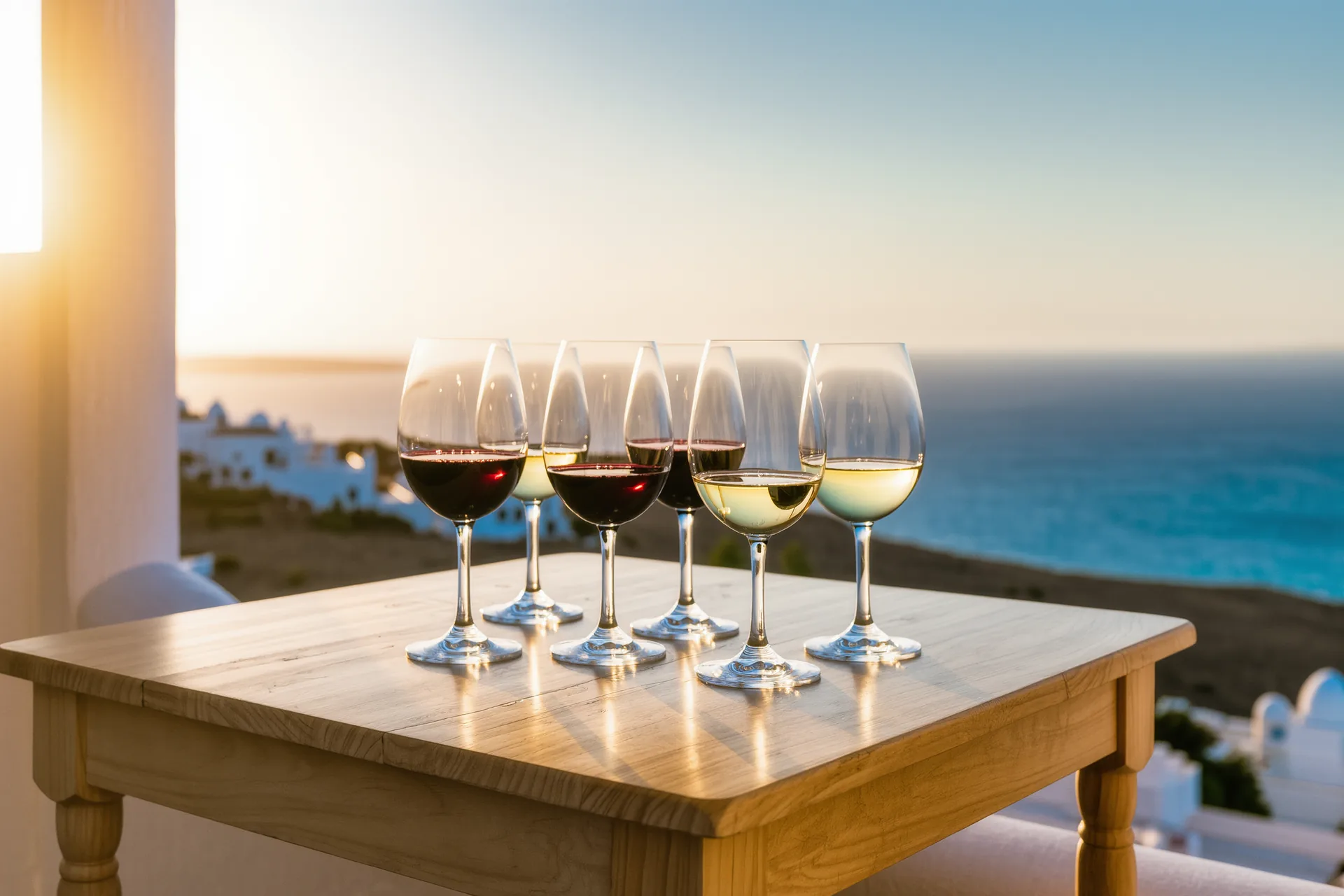 Copas de vino tinto y blanco sobre una mesa de madera clara, con luz natural que atraviesa el líquido y revela su color