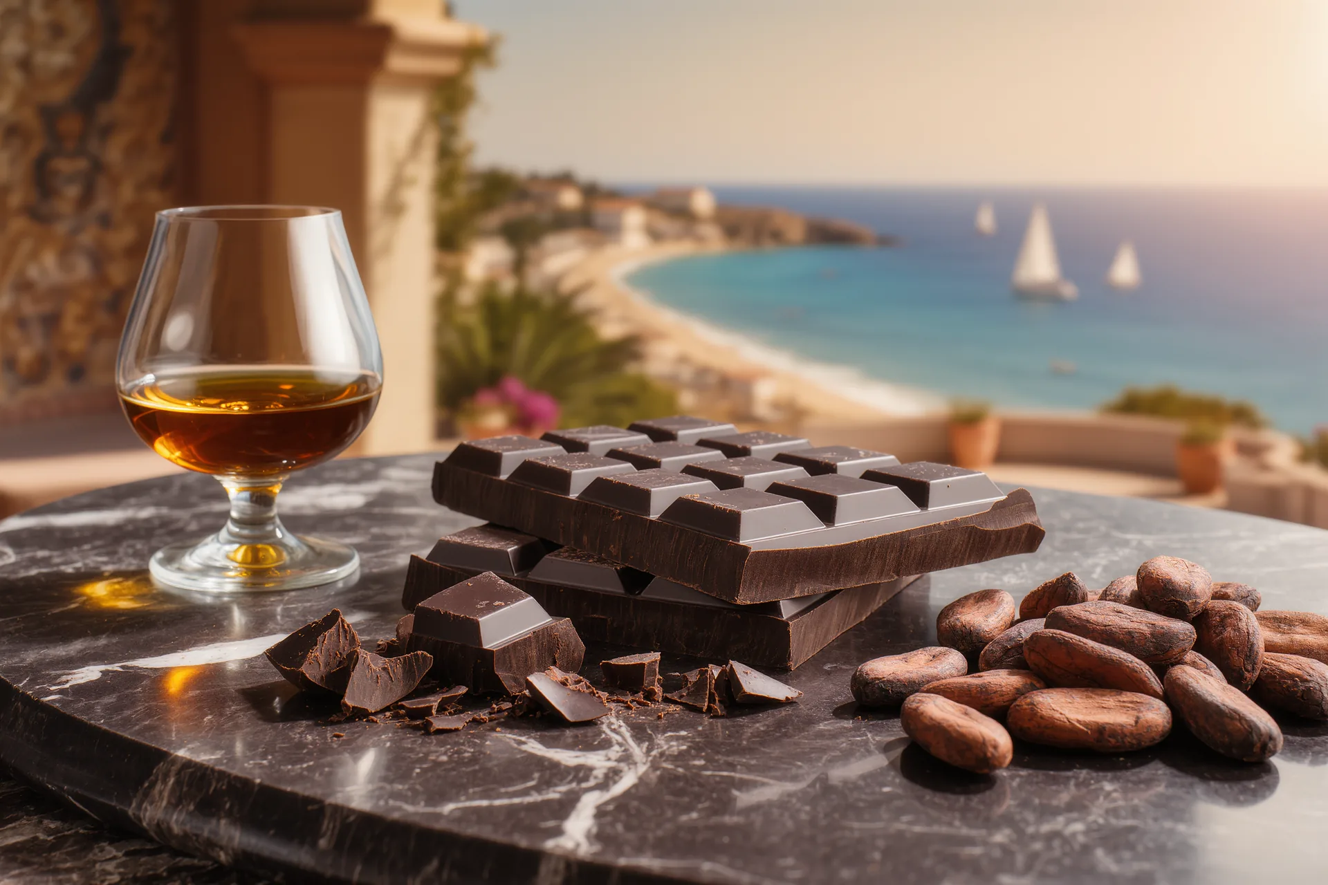 Tableta de chocolate negro artesanal partida sobre mármol oscuro, junto a granos de cacao tostados y una copa de destilado