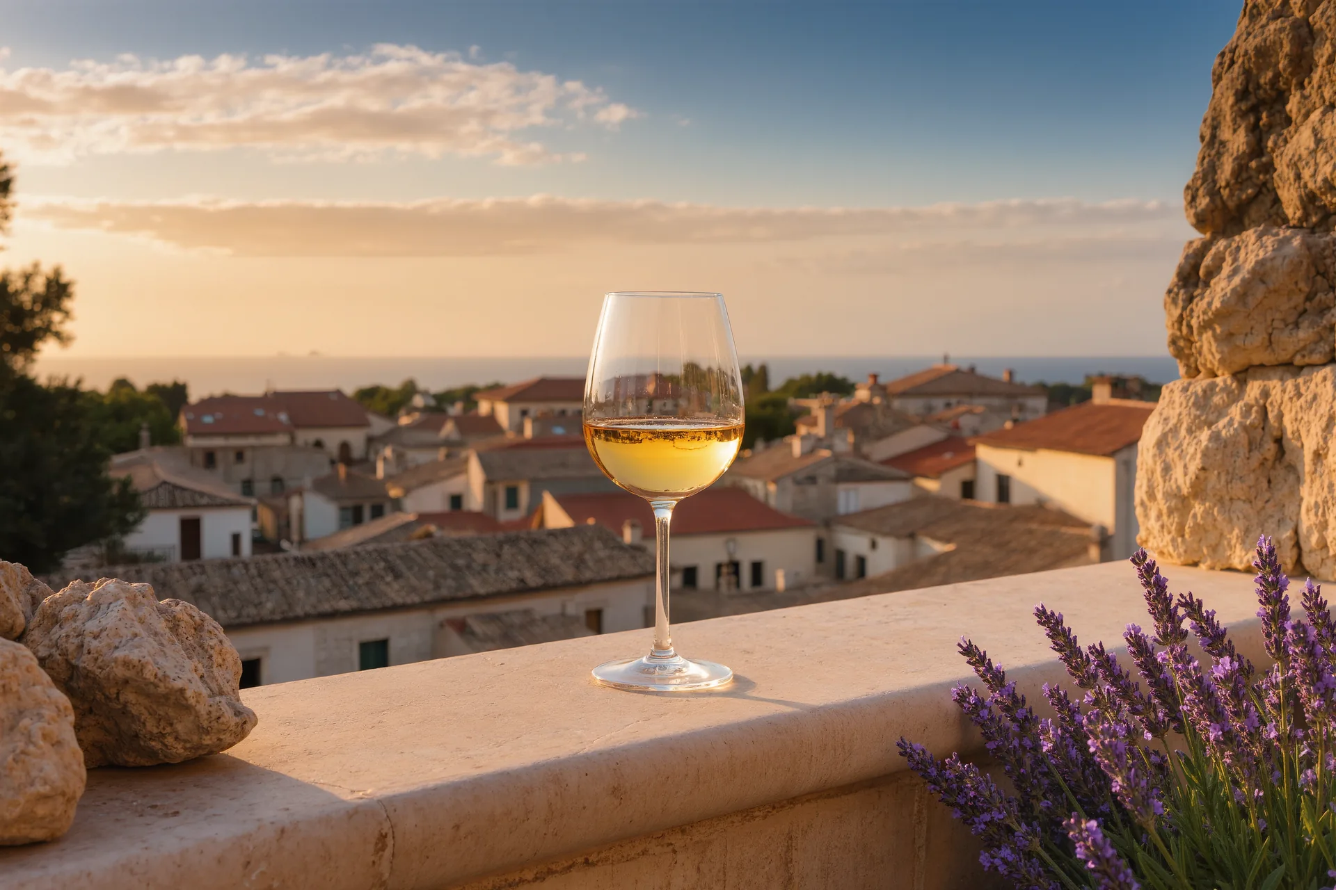 Terraza de un hotel boutique al atardecer con vistas a los tejados de una ciudad europea y una copa de vino sobre la mesa