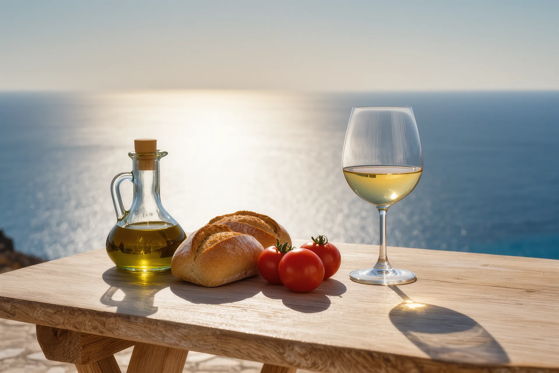 Mesa de madera clara con aceite de oliva virgen extra, pan artesano, tomates de temporada y una copa de vino blanco bajo luz mediterránea