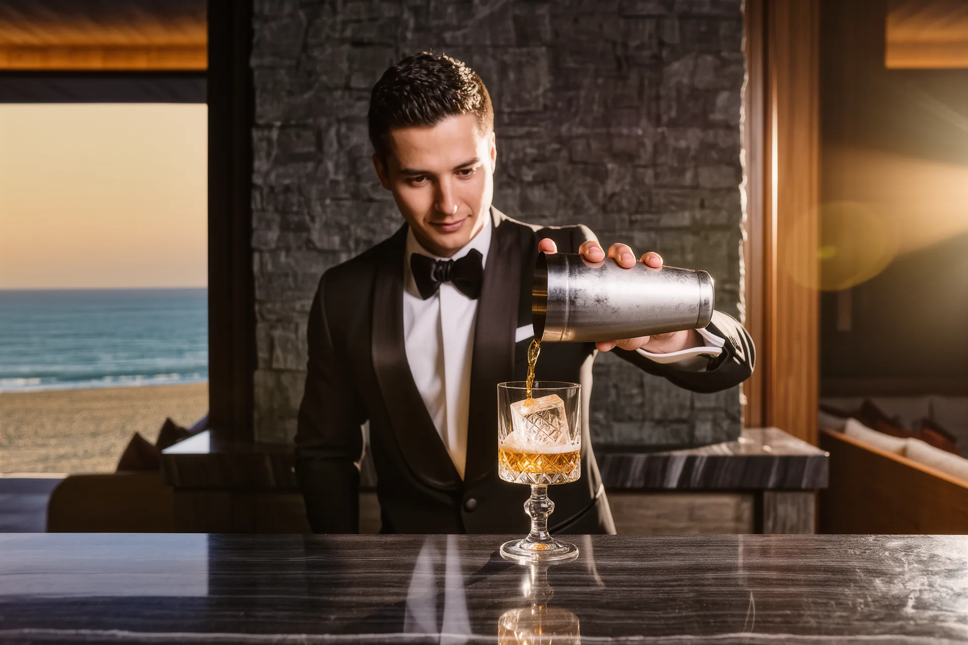Barman componiendo con precisión un cóctel de autor sobre una barra de mármol oscuro, con destilados y hielo tallado a la vista