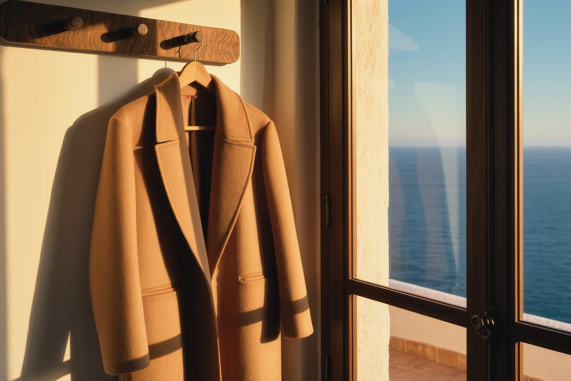 Abrigo de lana color camel colgado en una percha de madera junto a una ventana con luz de invierno