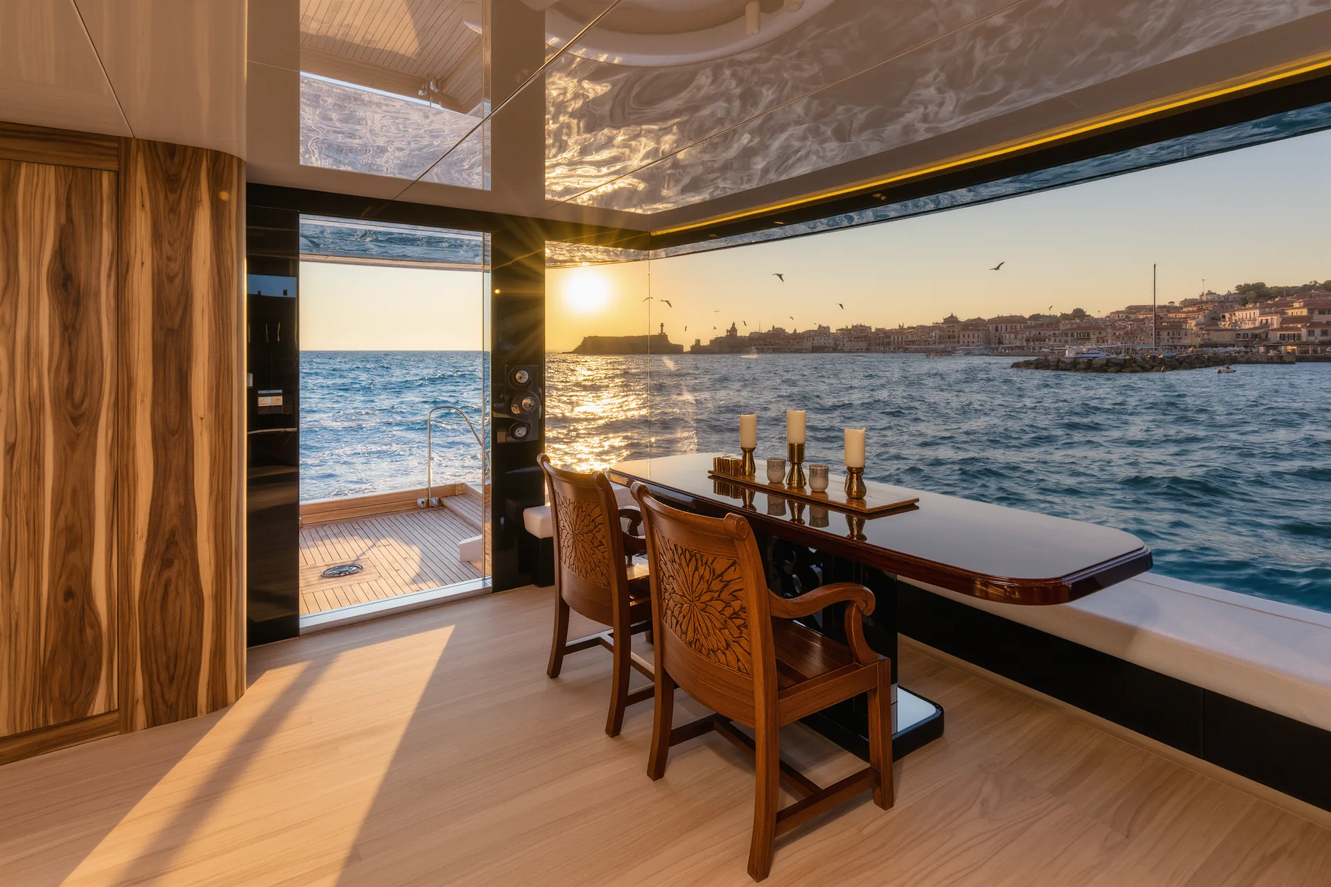 Suite de un yate de expedición de lujo con ventanales al mar abierto y mobiliario de madera noble al atardecer