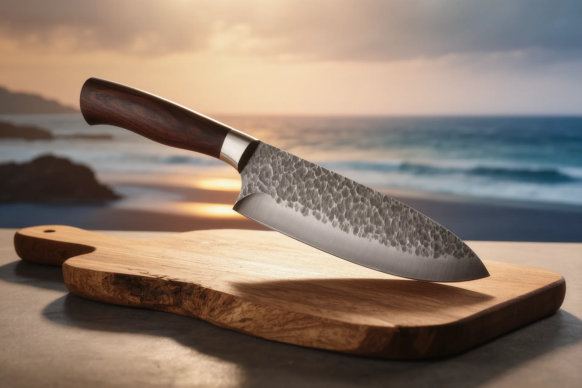 Cuchillo de cocina artesanal de acero forjado sobre una tabla de madera, con luz lateral que resalta la veta del acero