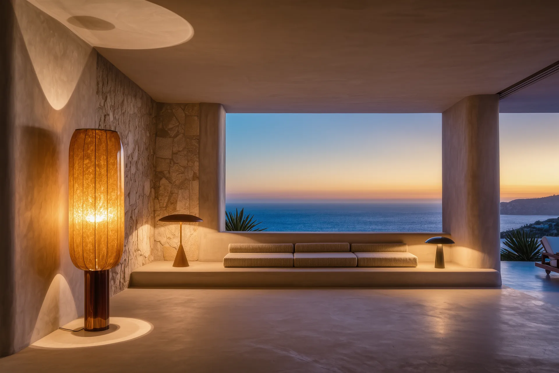 Salón de líneas depuradas al atardecer con lámparas de pie y de mesa encendidas en distintos tonos cálidos, creando capas de luz sobre paredes de textura mate