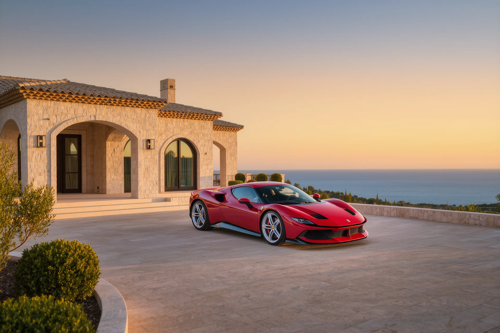Superdeportivo italiano rojo aparcado al atardecer frente a una villa mediterránea, con la carrocería reflejando la luz dorada