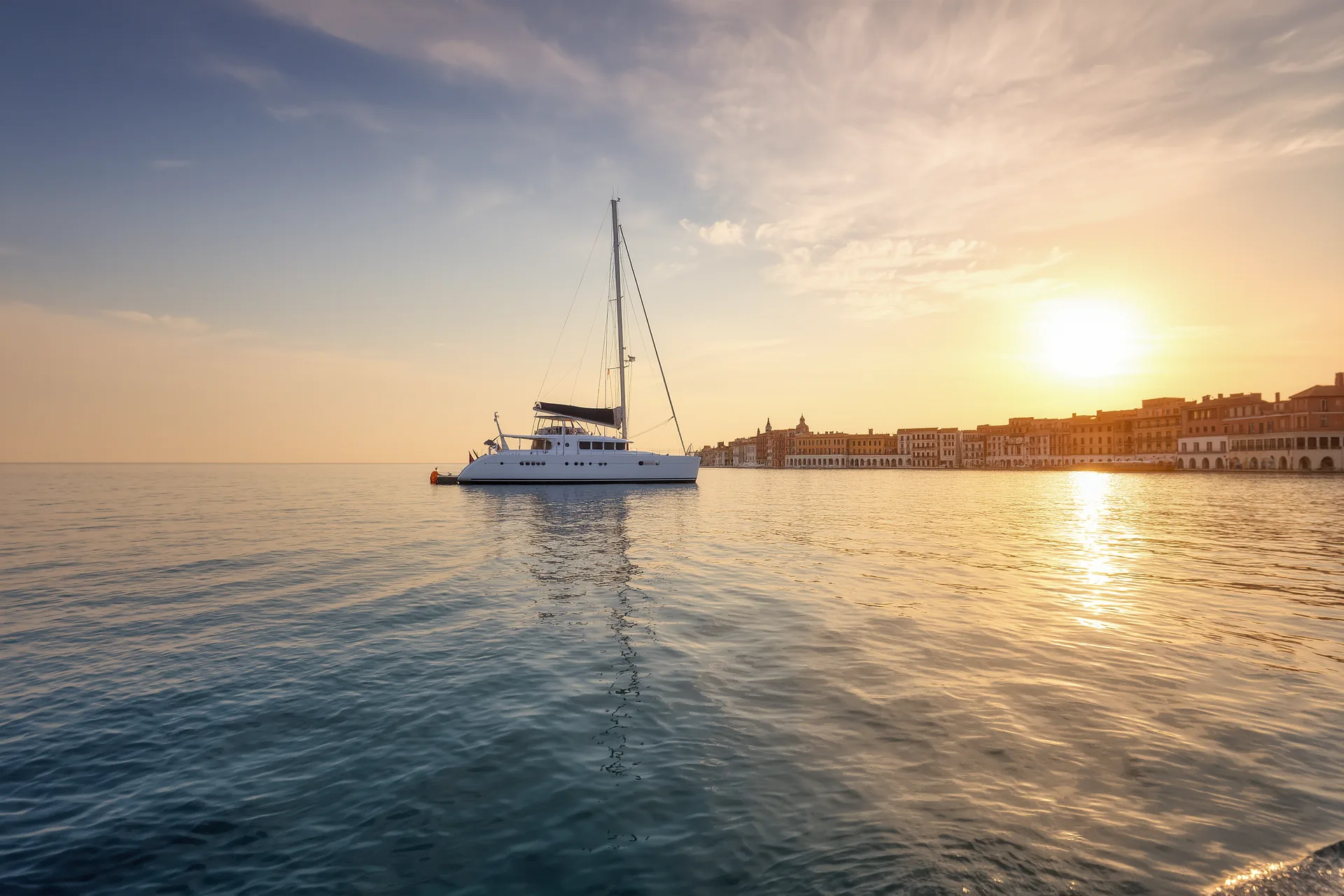 Velero de crucero fondeado al atardecer en una cala mediterránea, con las velas recogidas y el mar en calma