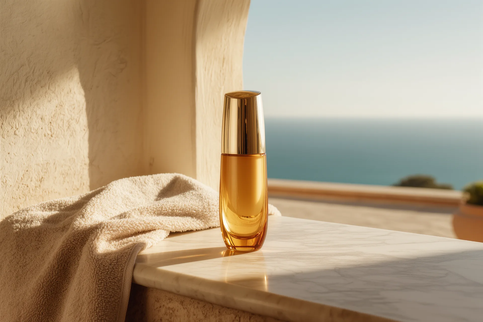 Bodegón elegante de un frasco de protector solar de lujo junto a una toalla de lino sobre mármol claro, con luz natural