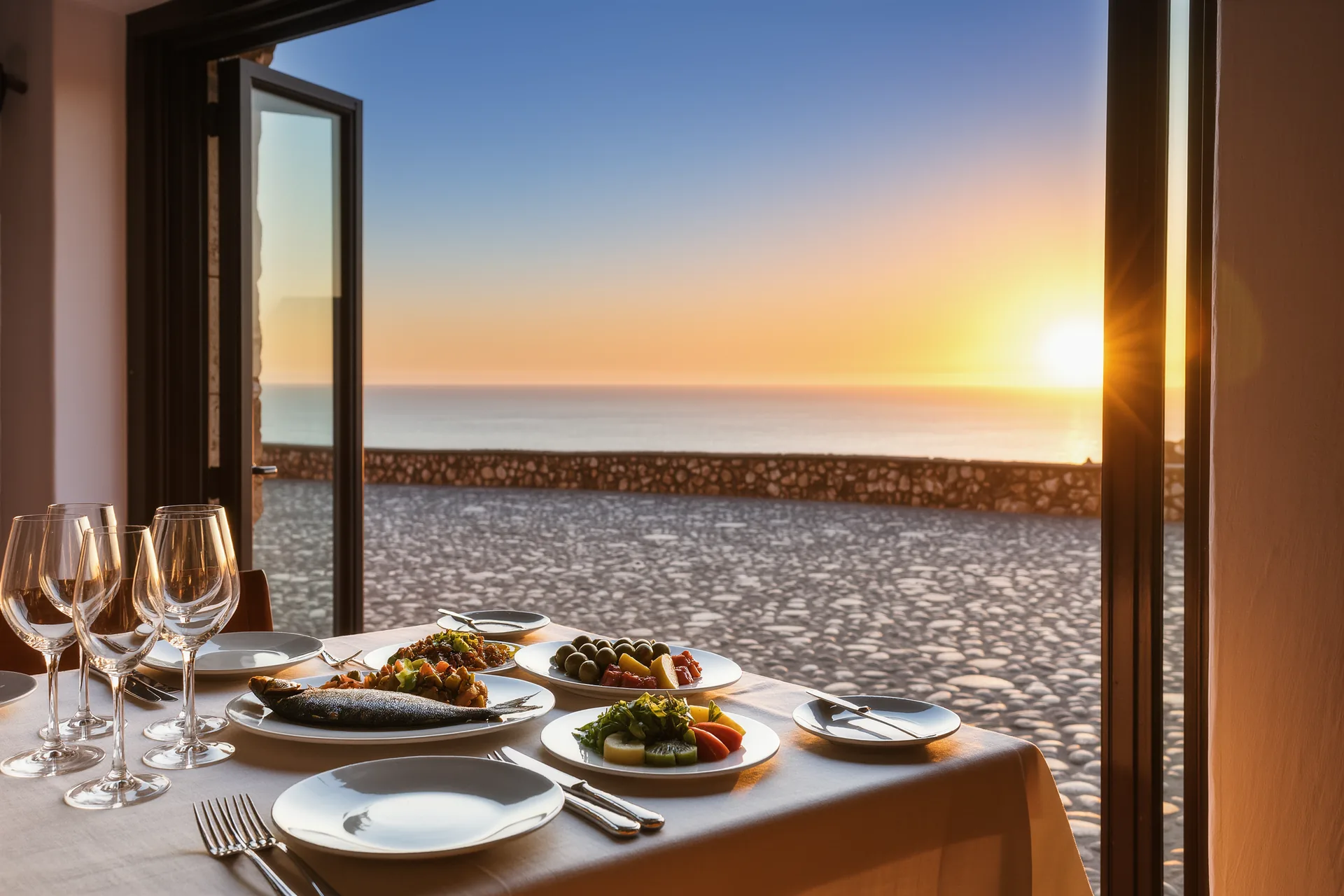 Mesa de restaurante con mantel de lino, copa de vino y platos servidos junto a una ventana con vistas a una calle empedrada al atardecer