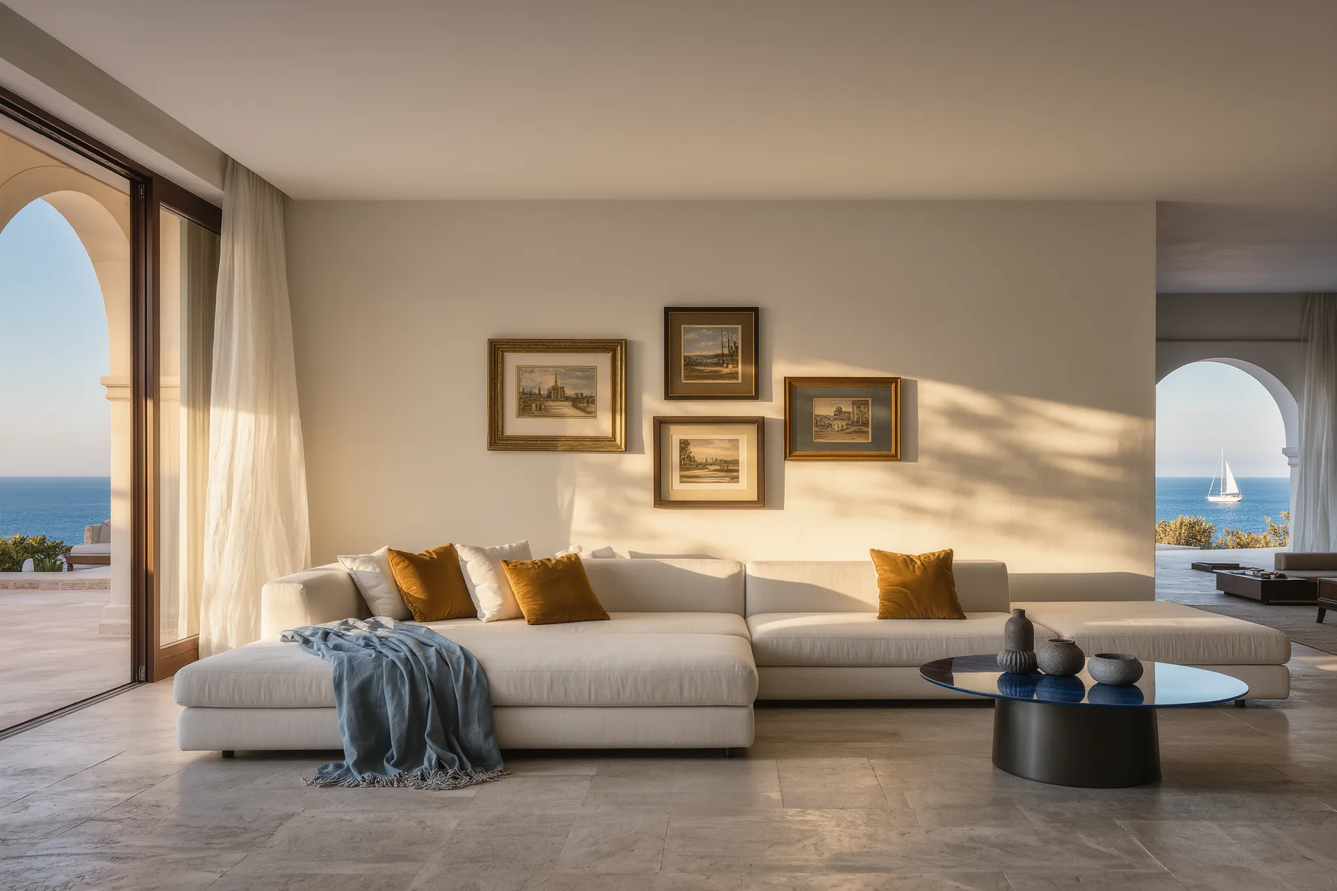Salón minimalista con una pequeña colección de obra gráfica enmarcada sobre una pared de tono neutro, luz natural lateral