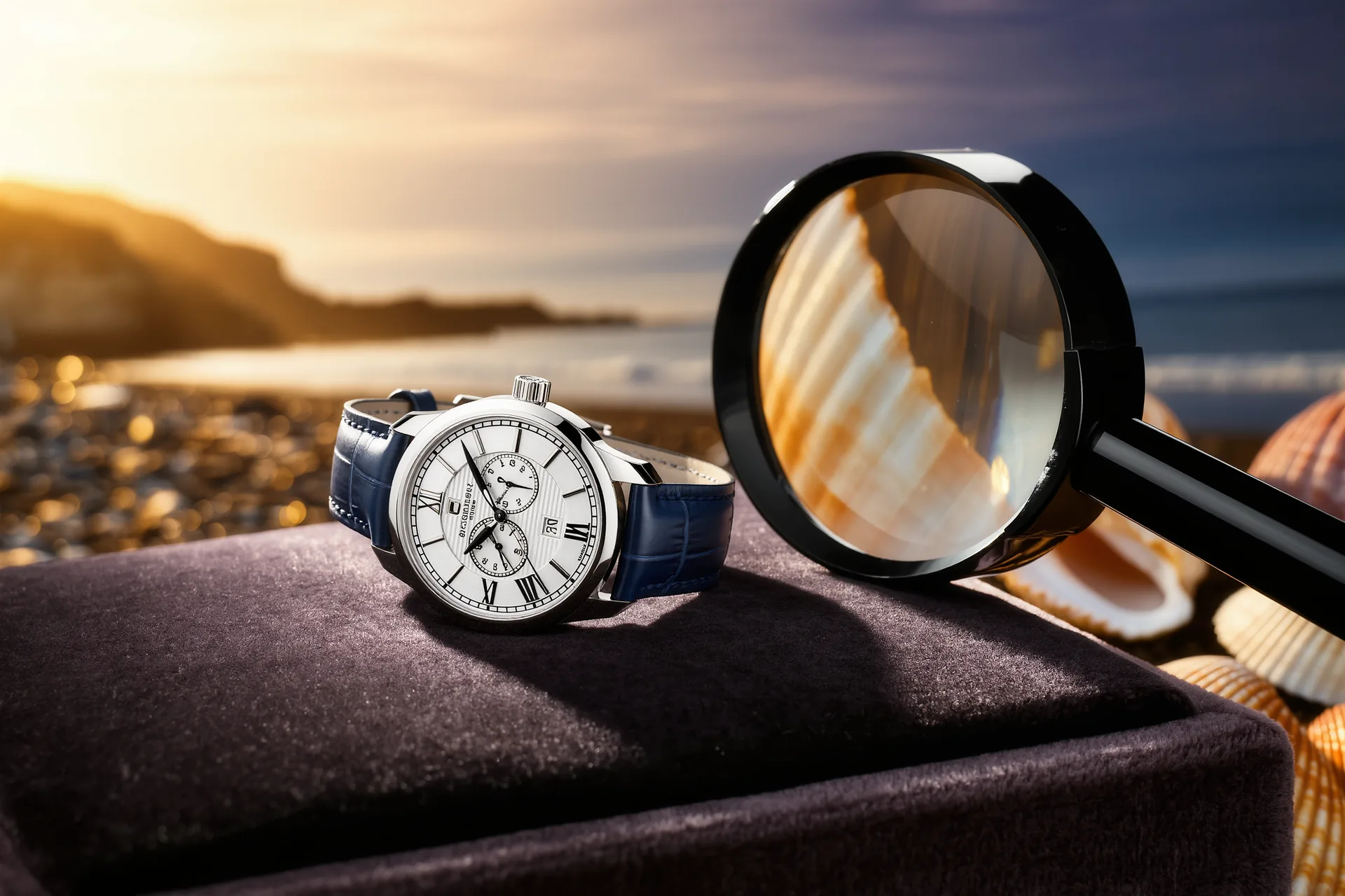 Reloj de lujo suizo sobre superficie de terciopelo oscuro, con lupa de joyero enfocando la esfera y el bisel