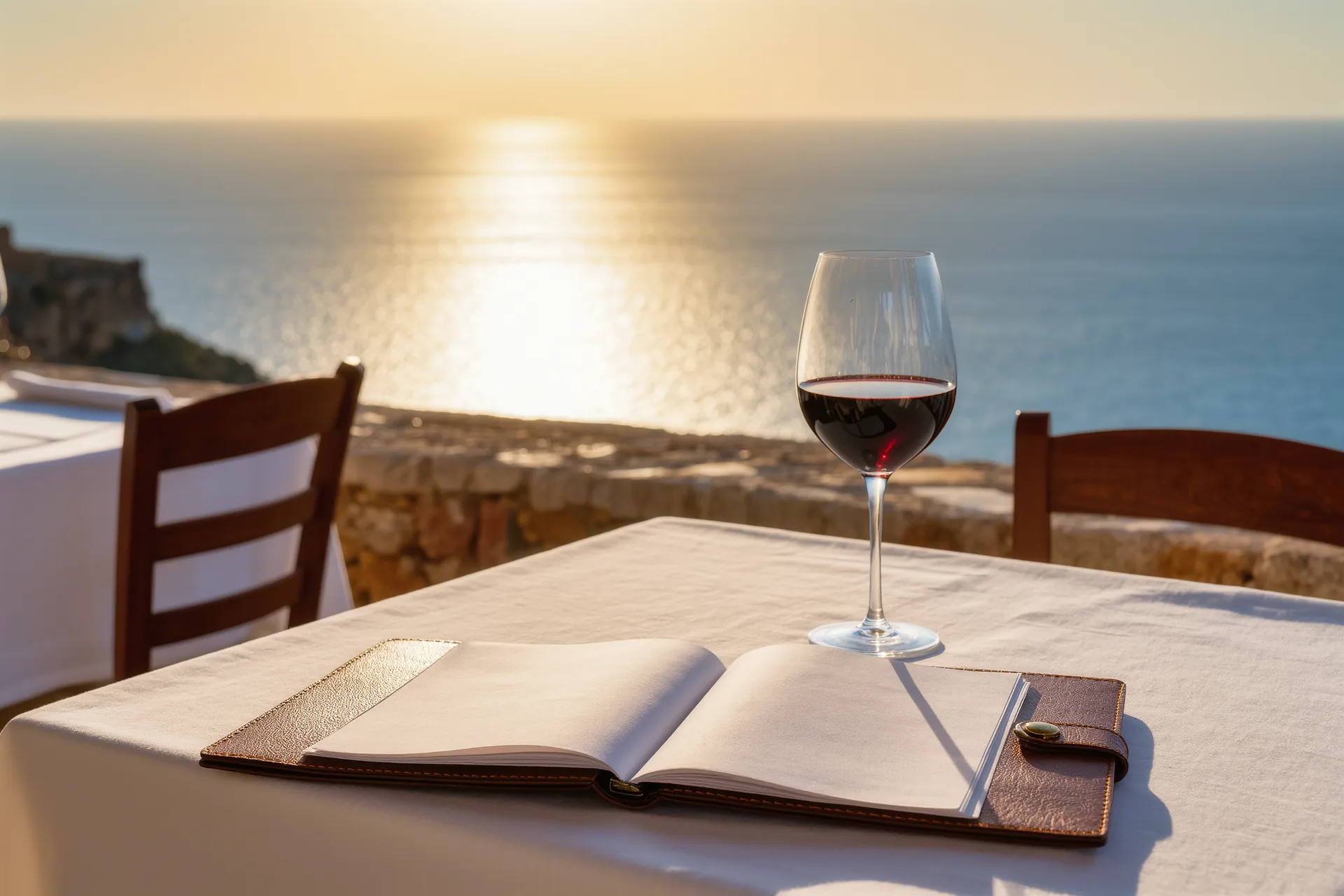 Carta de vinos de cuero abierta sobre una mesa de mantel blanco, junto a una copa de vino tinto y luz cálida de restaurante