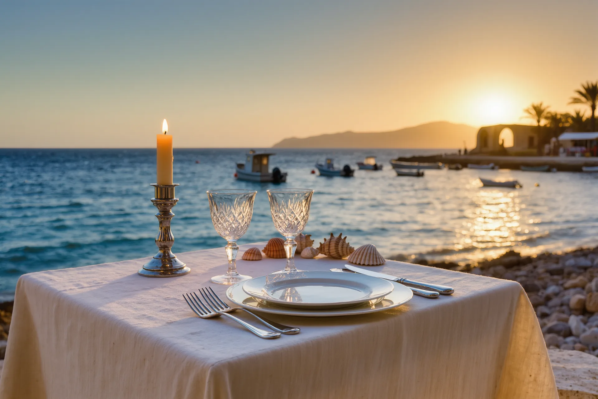 Mesa de comedor puesta con mantel de lino, cubertería de plata, copas de cristal y velas encendidas al atardecer