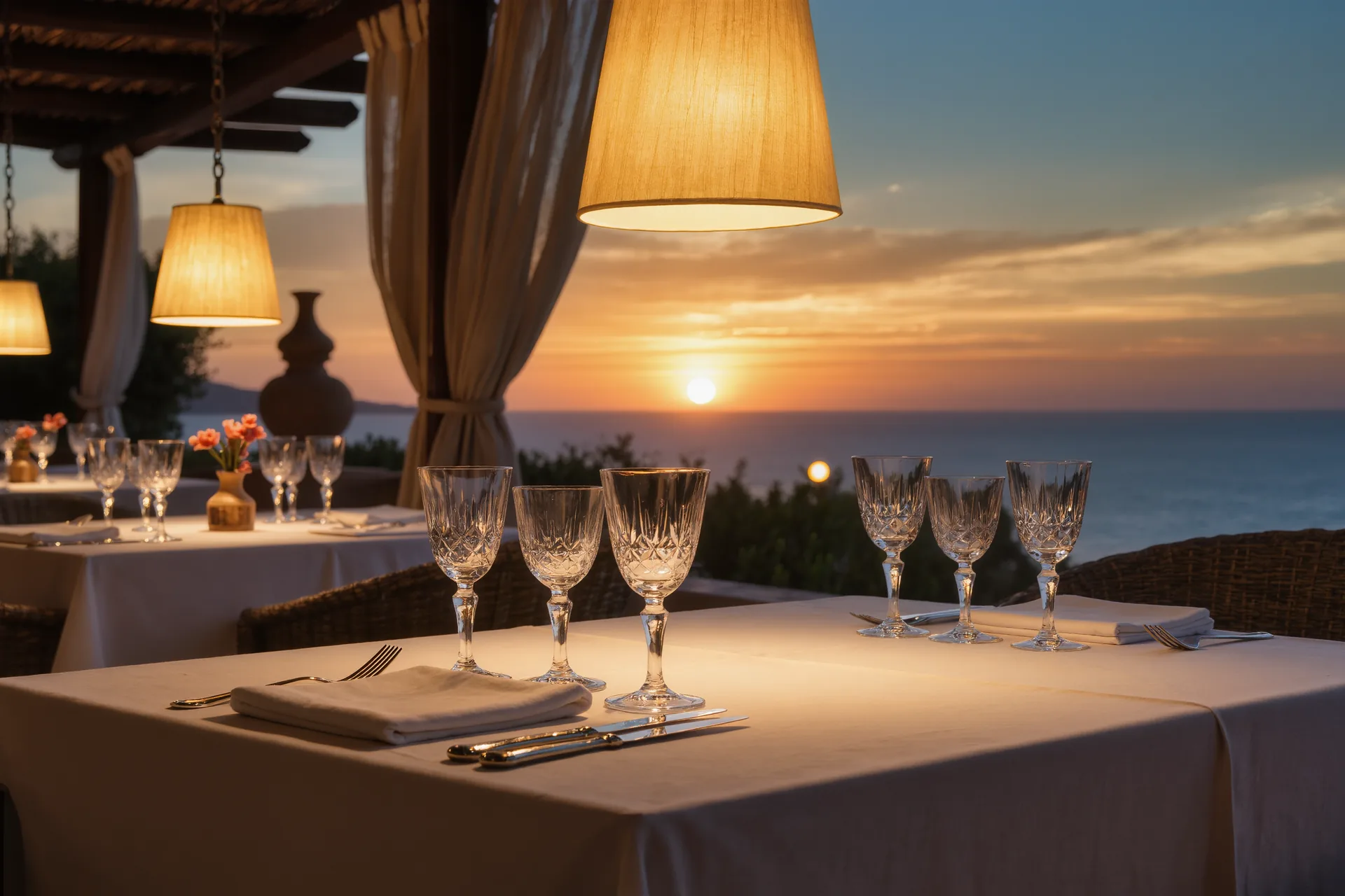 Mesa vestida con mantelería blanca, copas de cristal y cubertería de plata en un comedor de alta cocina en penumbra cálida