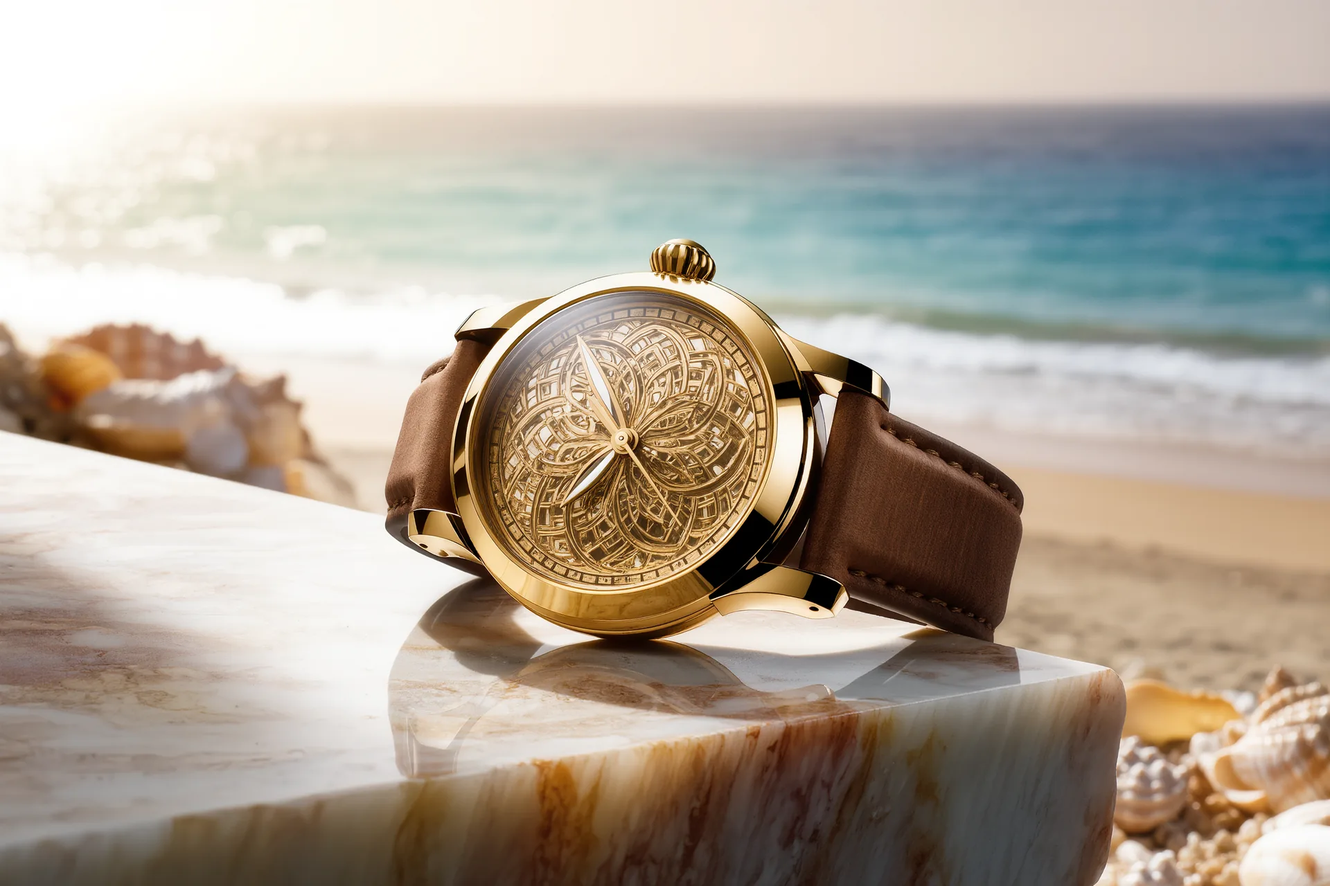 Primer plano de un reloj mecánico de lujo con esfera guilloché y correa de piel marrón
