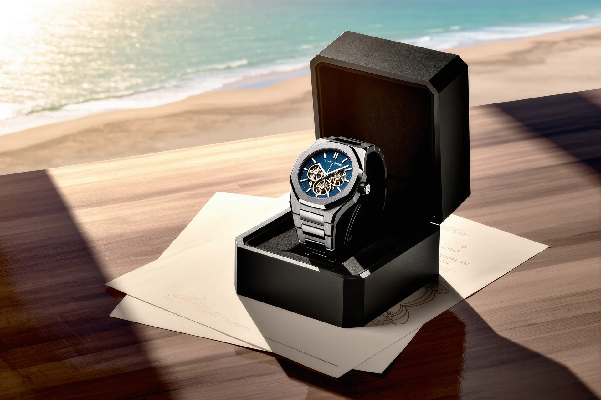 Reloj mecánico de lujo sobre su caja original y documentación, fotografiado en primer plano sobre una mesa de madera oscura