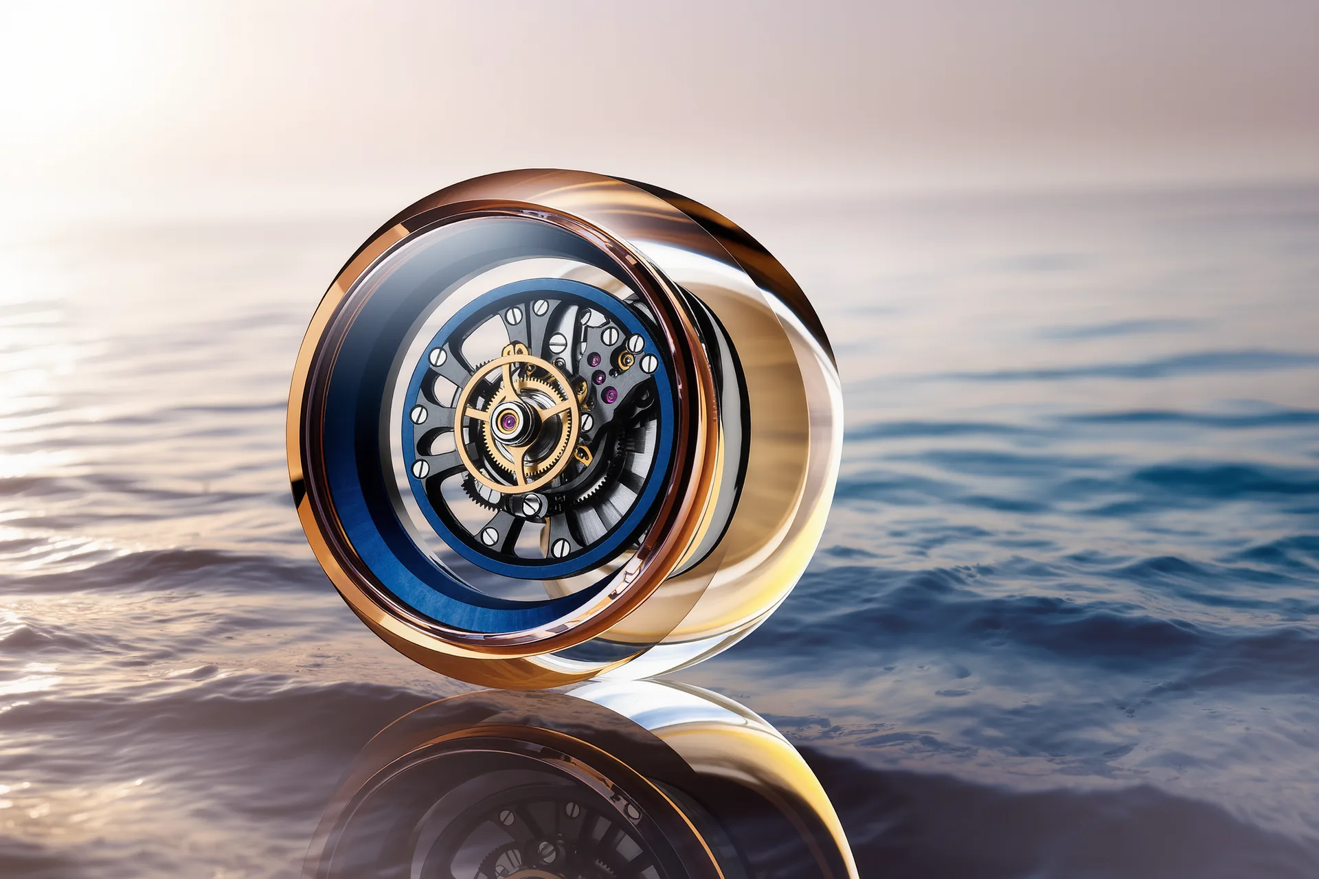 Movimiento mecánico de un reloj suizo visto a través de un cristal de zafiro, con el escape y el volante en primer plano bajo luz de estudio