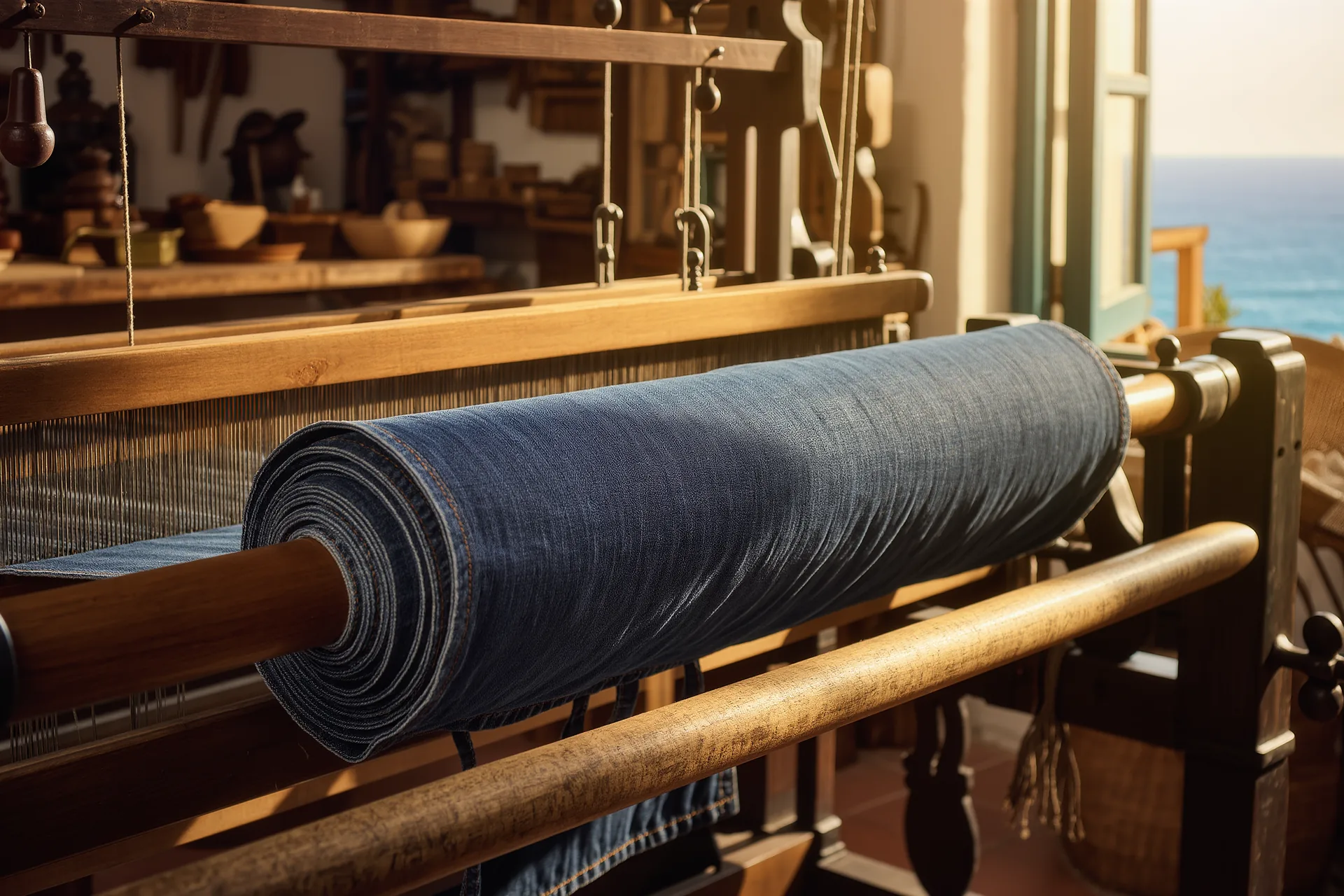 Rollo de tejido vaquero selvedge en telar antiguo, con costuras vistas y luz cálida de taller artesanal