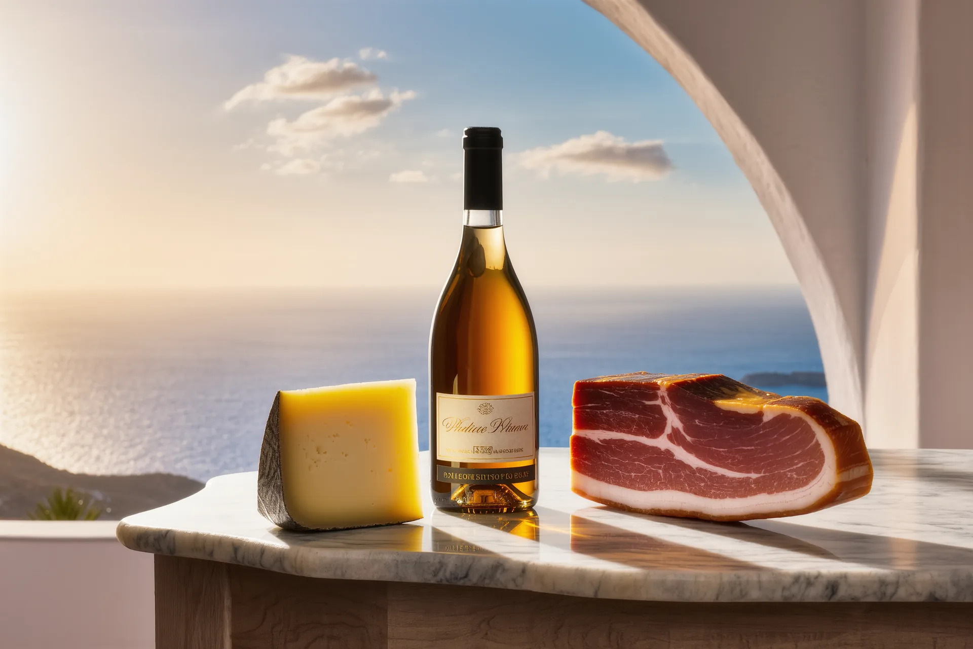 Quesos, jamón y una botella de vino con sus etiquetas de denominación de origen dispuestos sobre una mesa de mármol