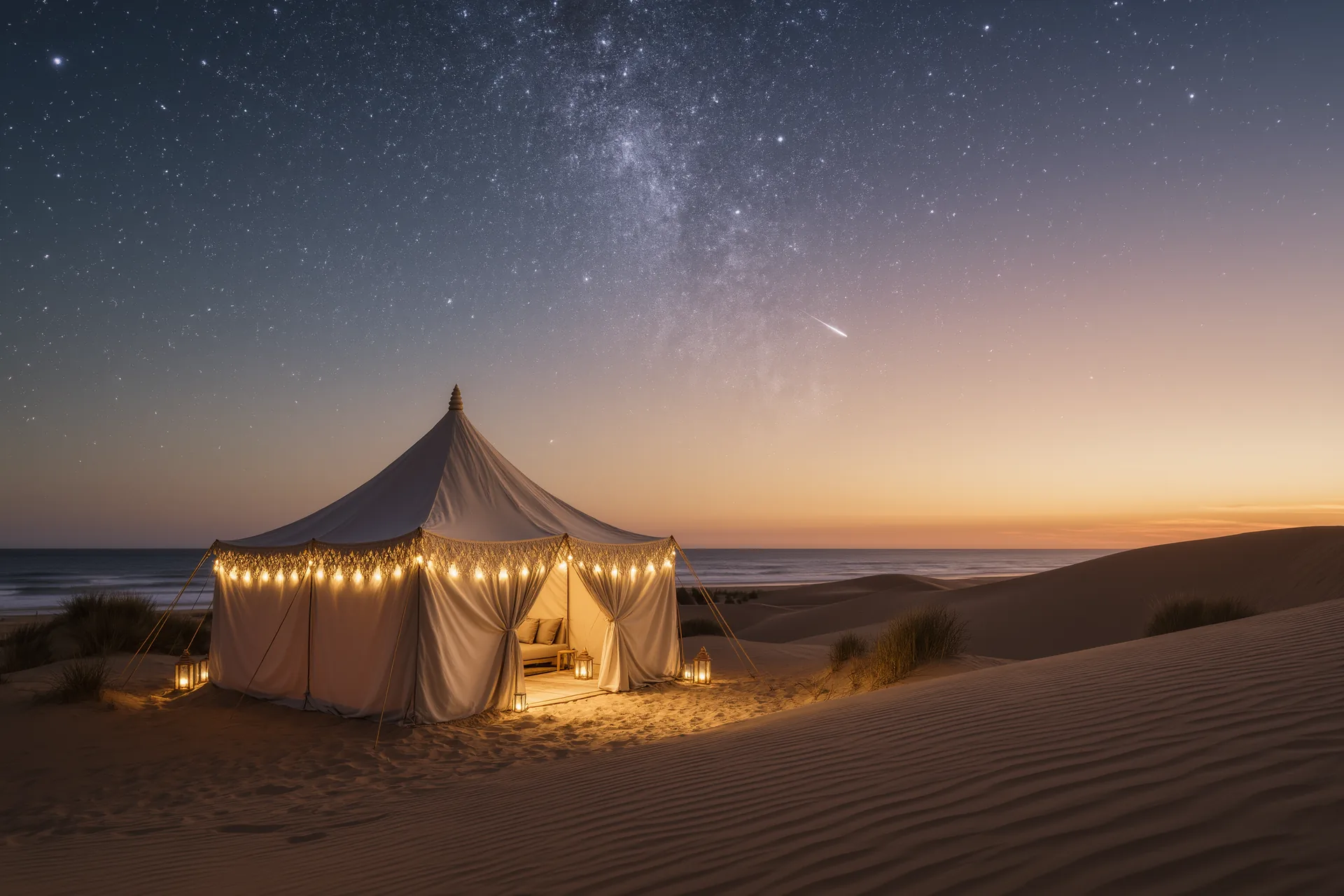 Tienda de campaña de lujo iluminada al atardecer entre dunas doradas, con el cielo estrellado emergiendo sobre el desierto