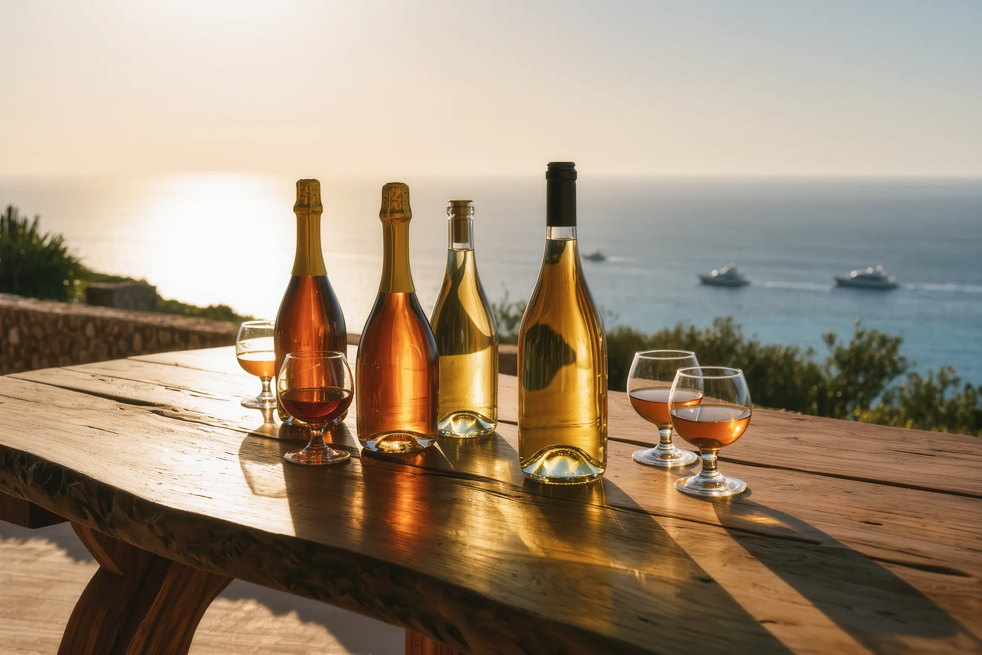 Botellas de destilados de distintas tonalidades ambar junto a copas de cata sobre una mesa de madera oscura