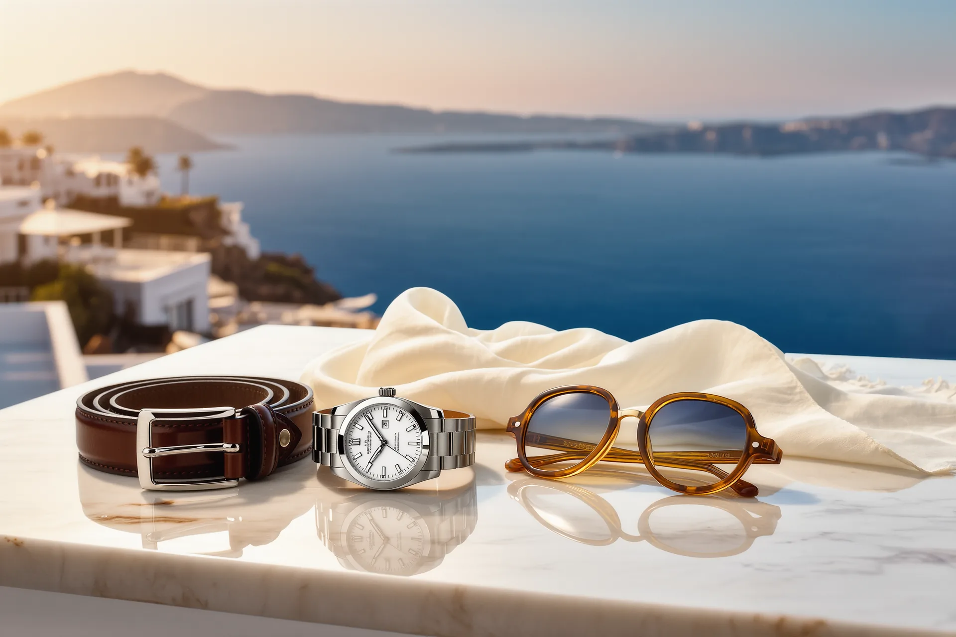 Composición de accesorios de lujo sobre una superficie de mármol: cinturón de piel, reloj, pañuelo de seda y gafas de sol