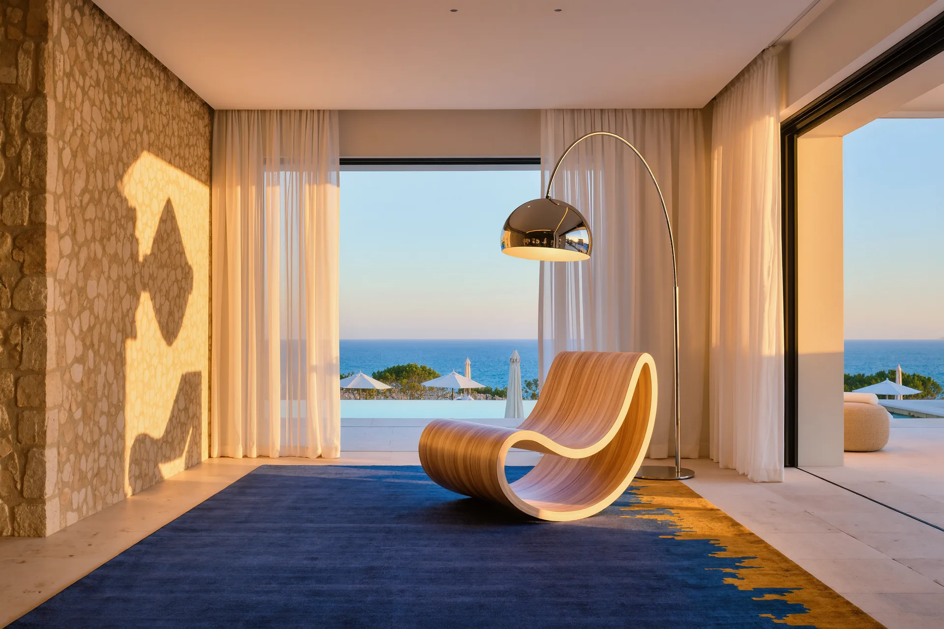 Salón luminoso con una silla de diseño icónica de madera curvada junto a una lámpara de arco de acero cromado