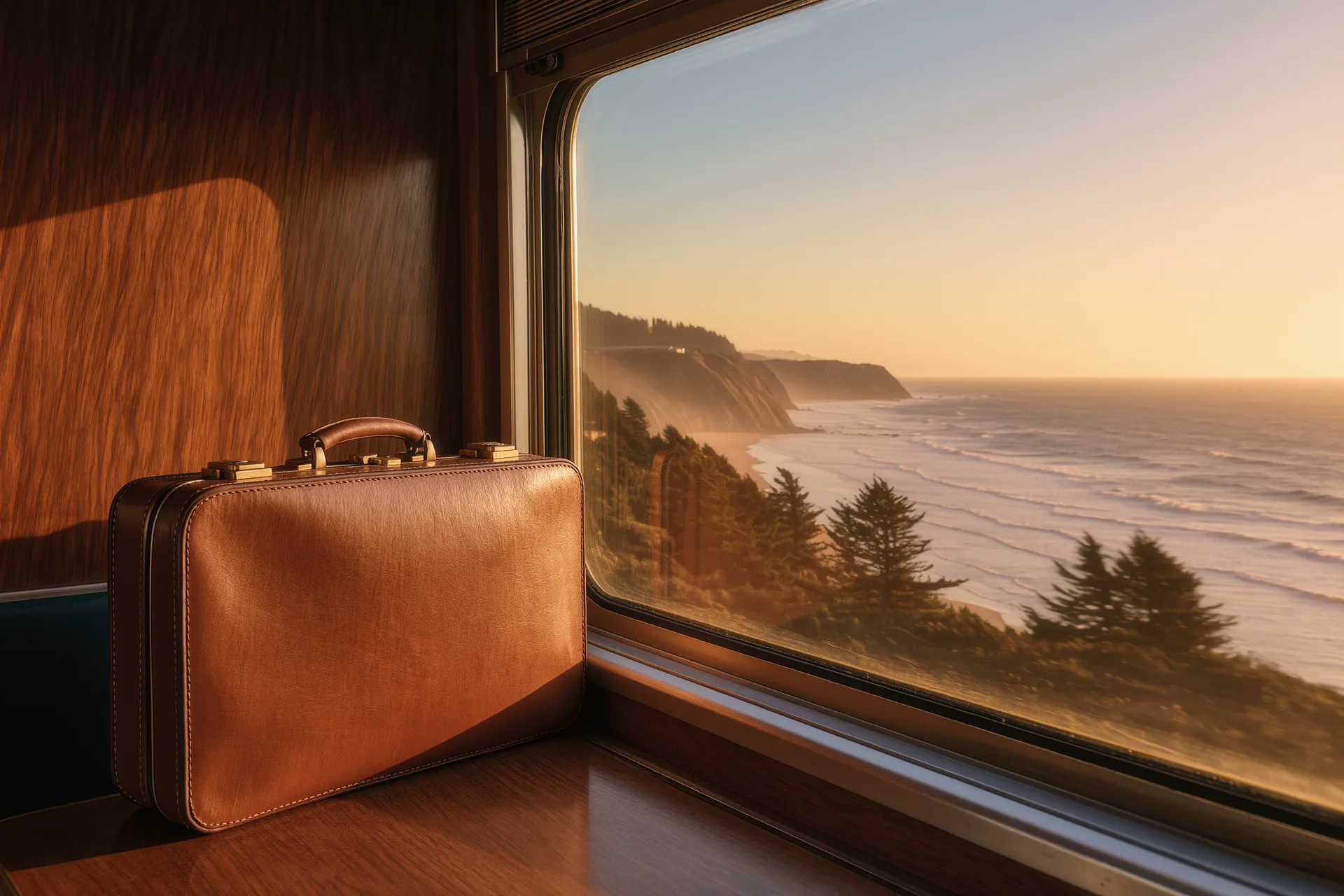 Maleta de piel junto a una ventanilla de tren con paisaje al atardecer, ambiente sereno y elegante