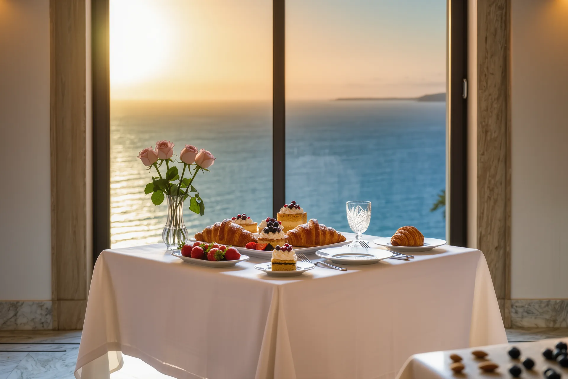 Mesa de desayuno en un gran hotel con mantelería blanca, bollería recién horneada, fruta fresca y luz natural entrando por ventanales altos