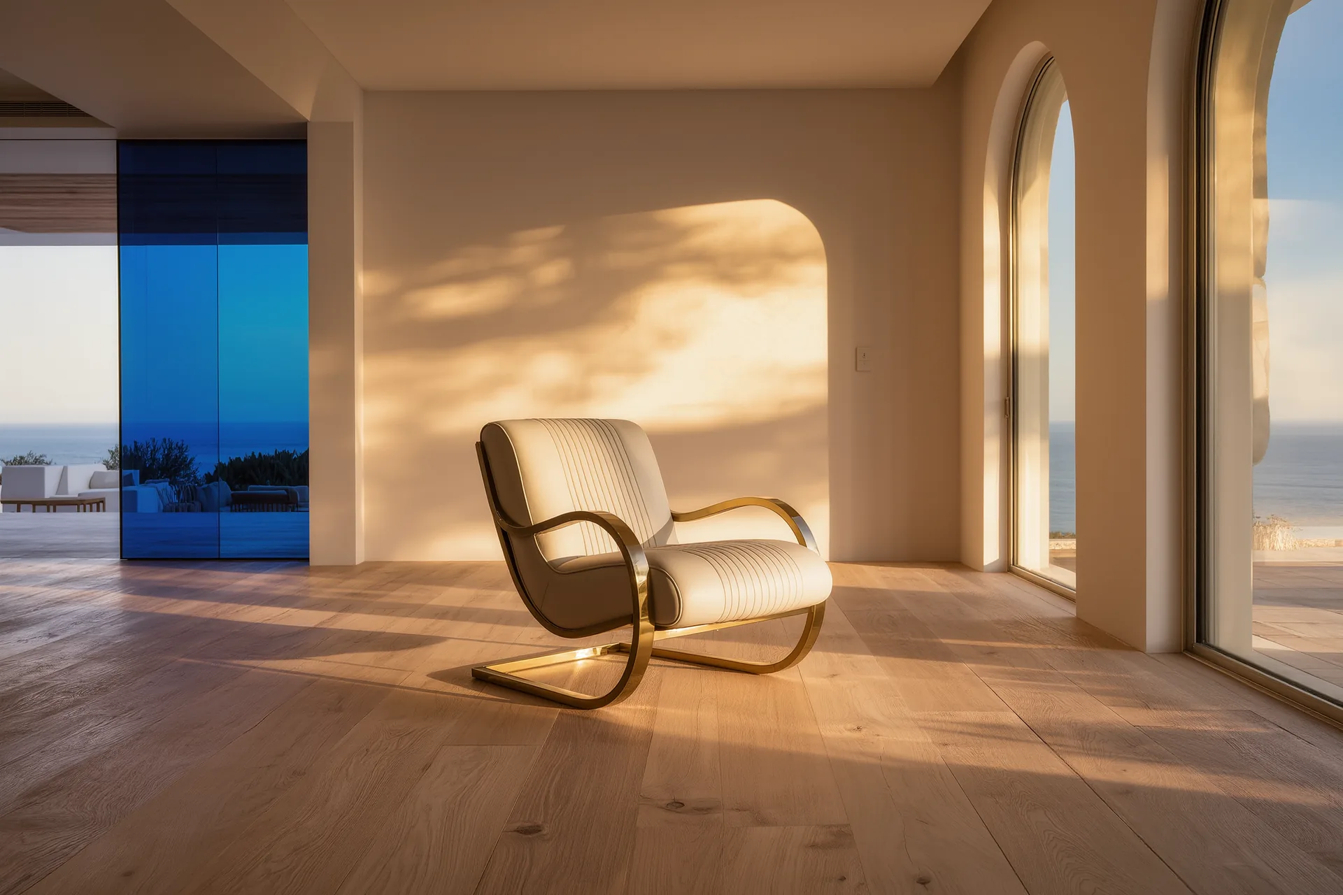 Salón amplio y luminoso con una única butaca de autor, suelo de madera despejado y ventanales que dejan entrar la luz de la tarde