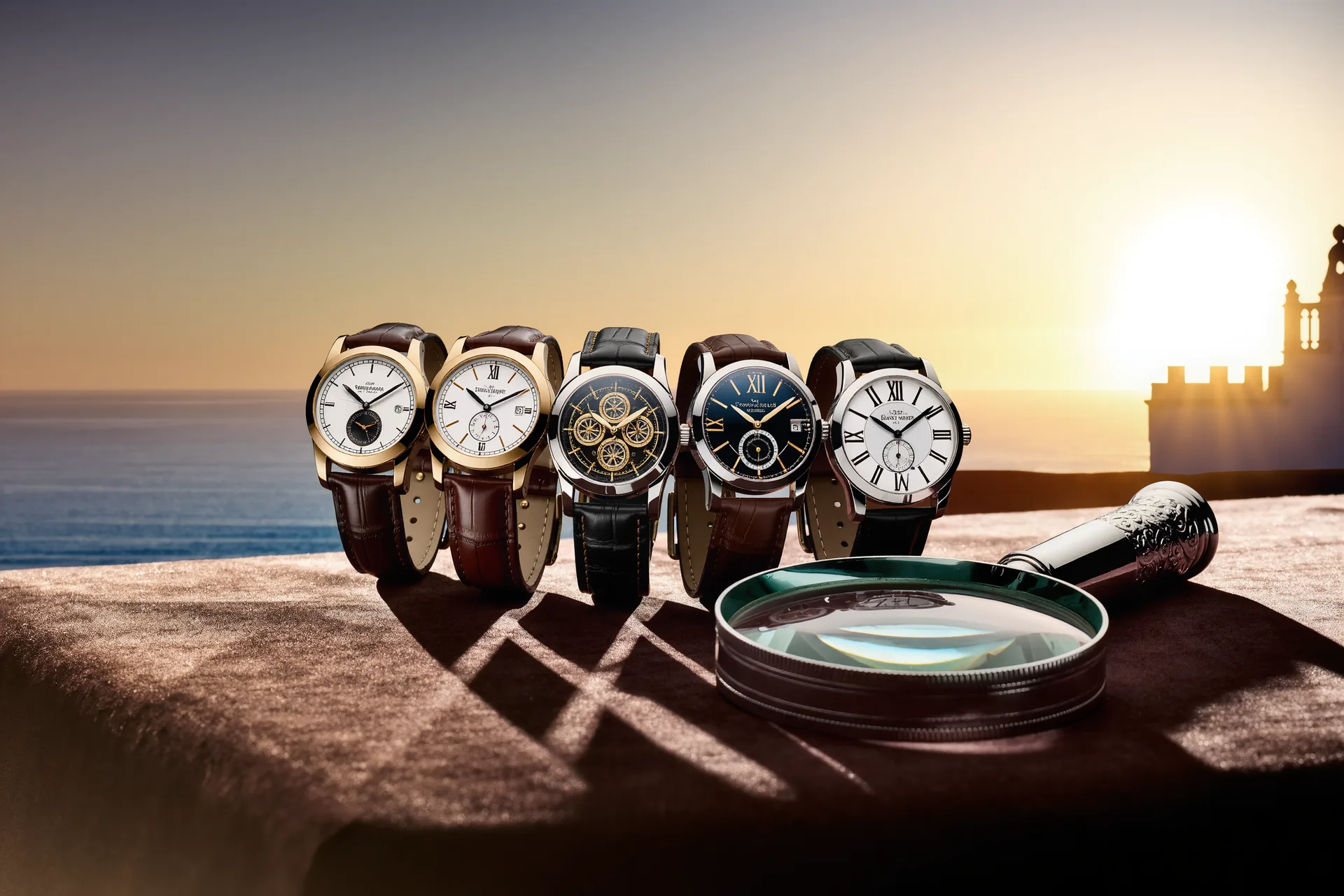 Varios relojes mecánicos de época dispuestos sobre un paño de terciopelo oscuro junto a una lupa de relojero