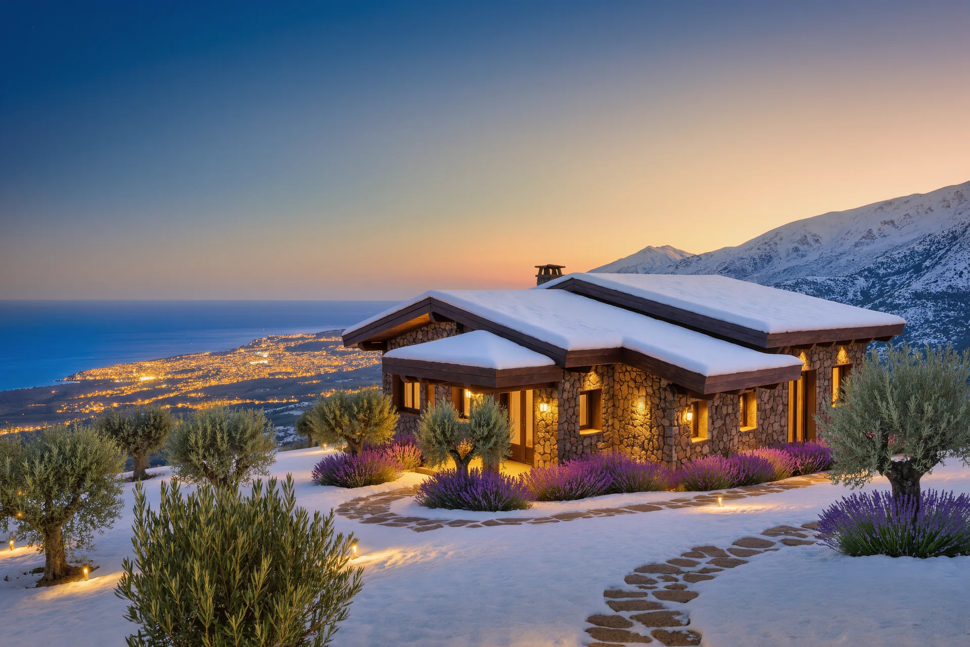 Chalet alpino de madera y piedra al atardecer, con las pistas nevadas y las luces del pueblo encendiéndose al fondo