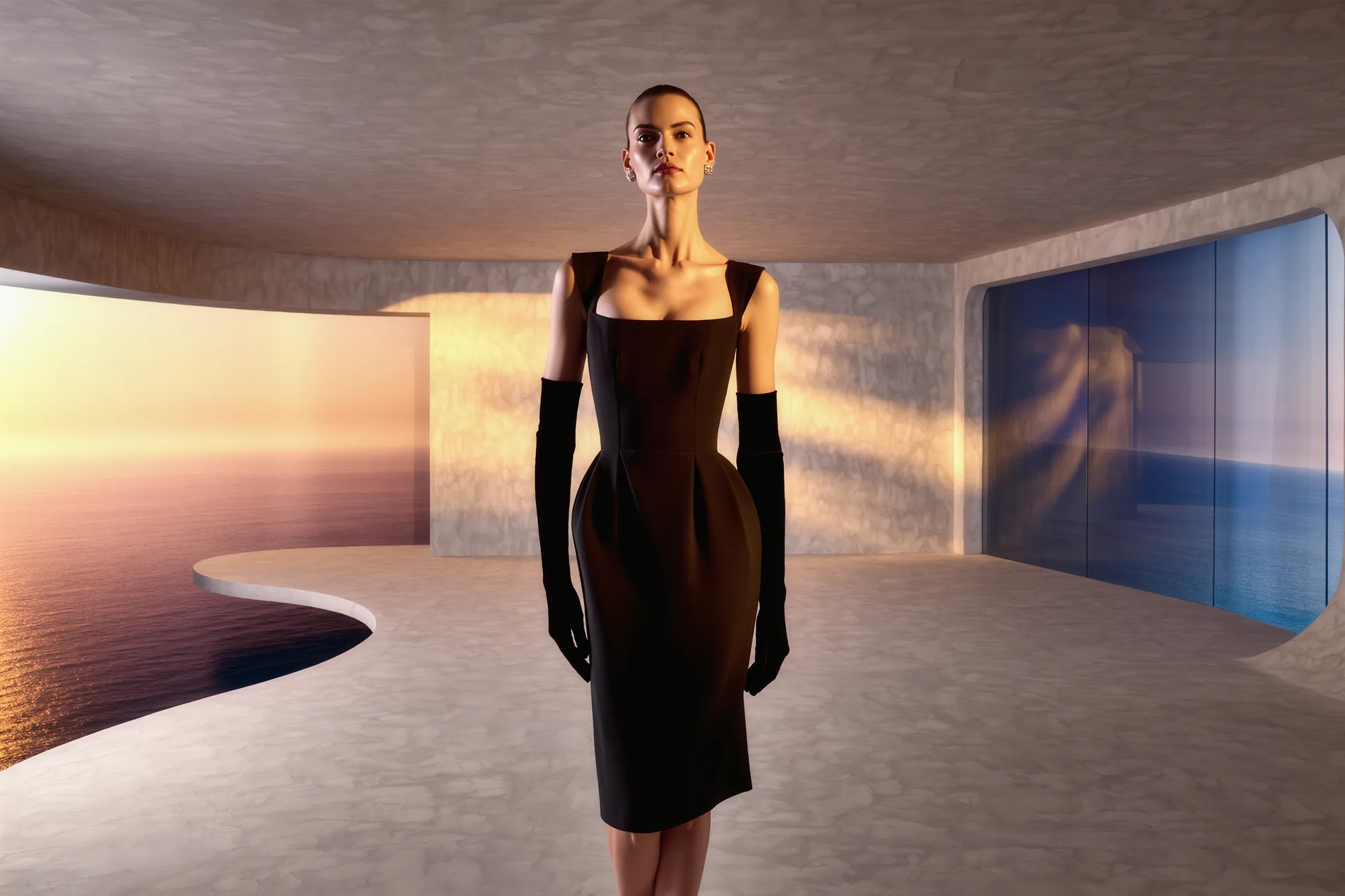Vestido de cóctel negro y guantes largos sobre un maniquí en un estudio de moda minimalista